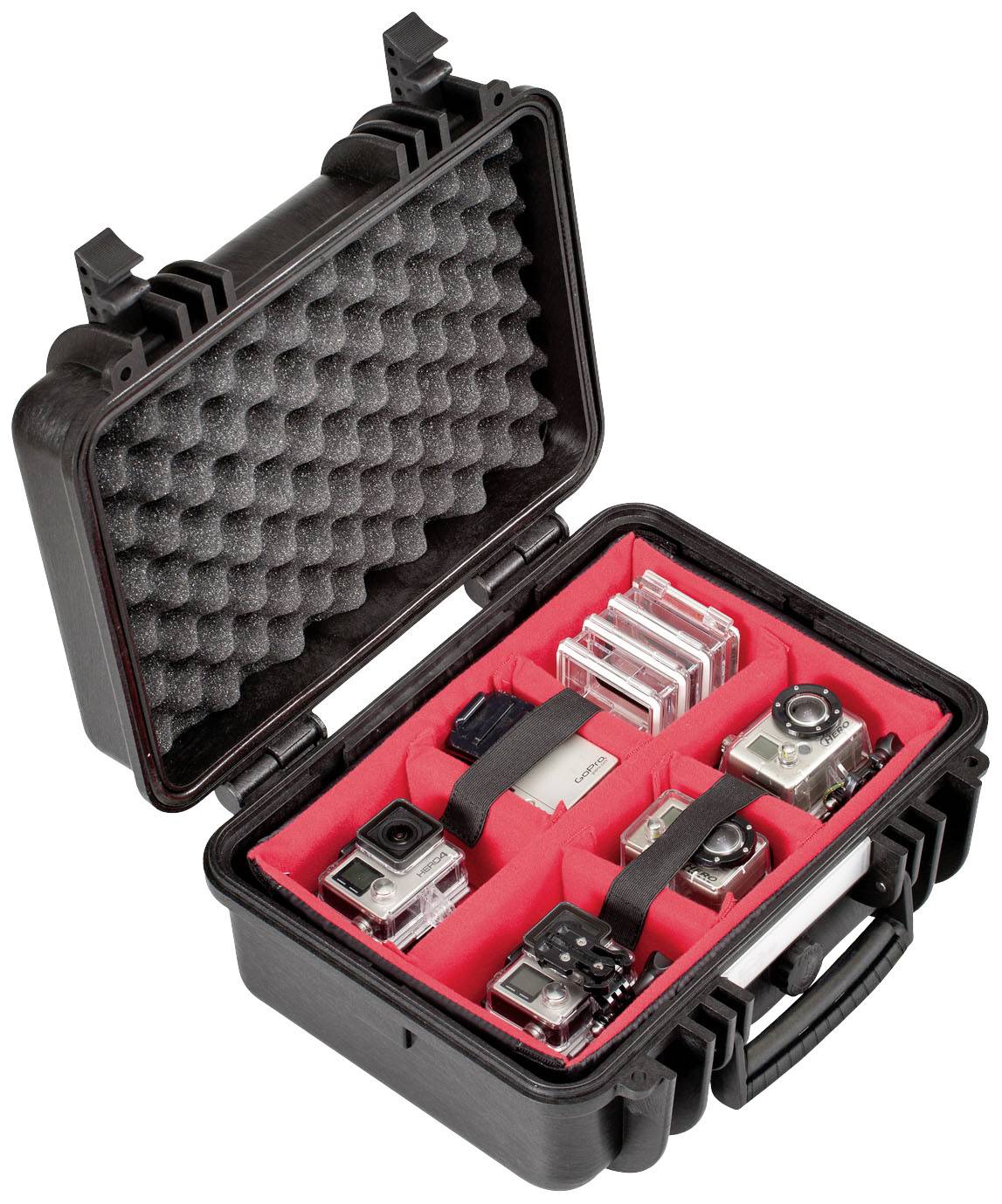 Open black hard-shell case with red foam lining, securely storing multiple cameras and accessories.