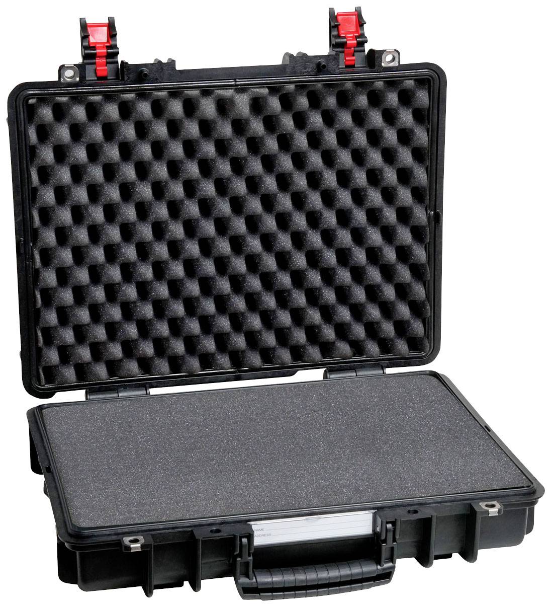An open, empty black foam case with red fastenings. When opened, it reveals the structured interior padding.