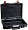 A robust, empty black hard-shell suitcase with a red fastener, suitable for securely transporting items.