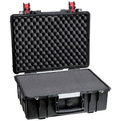 Open, robust black transport case with foam padding in the lid, suitable for securely transporting delicate items.