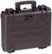 Black, robust hard-shell suitcase with carry handle and clasps, ideal for securely transporting delicate items.