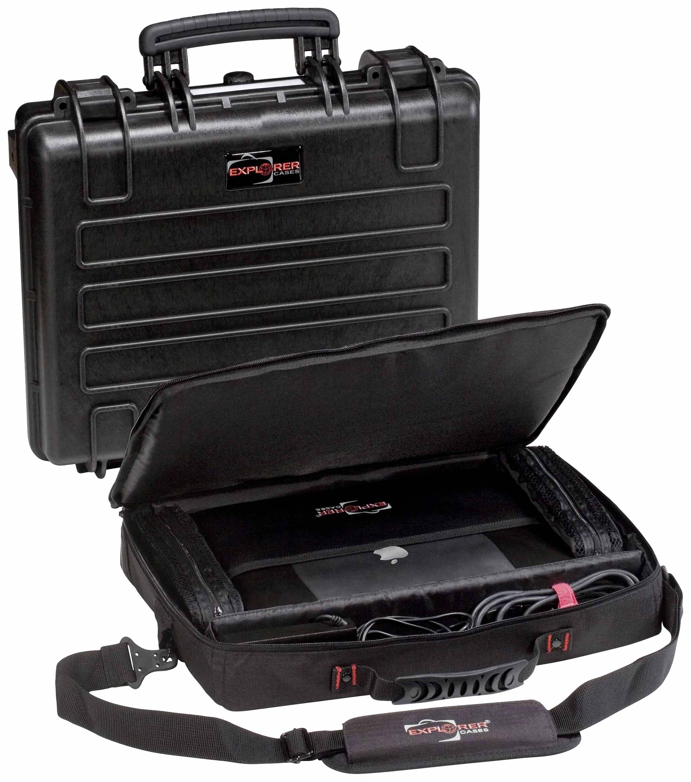 Black, robust suitcase with hinged lid, featuring a padded laptop sleeve insert with carrying strap. Ideal for secure transportation.