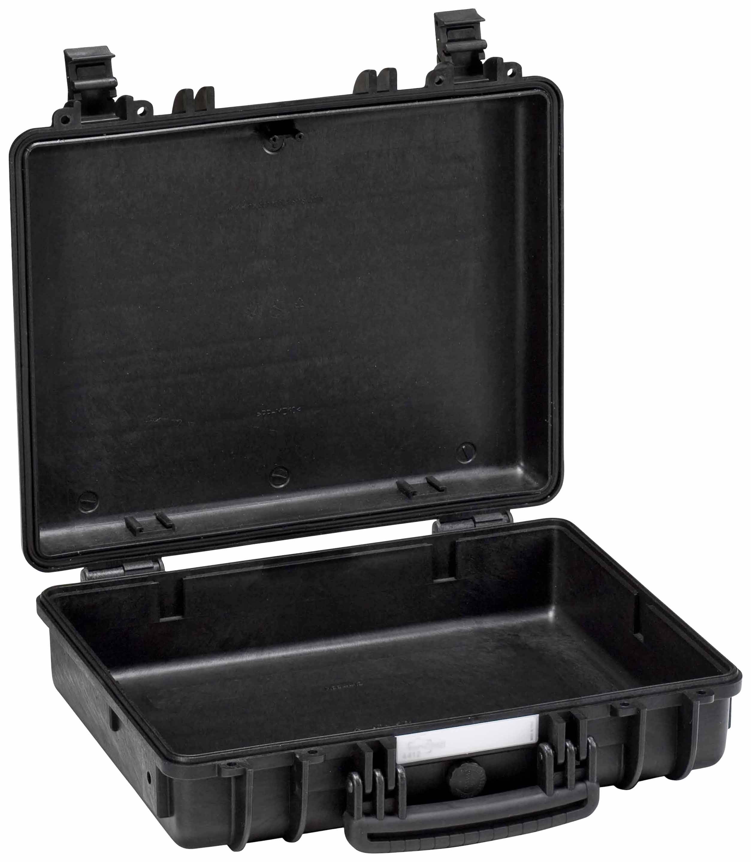 Black open suitcase with robust casing and handle, suitable for safely transporting delicate items.
