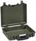 A robust green suitcase with an open lid, featuring a black handle, designed for securely transporting delicate items.