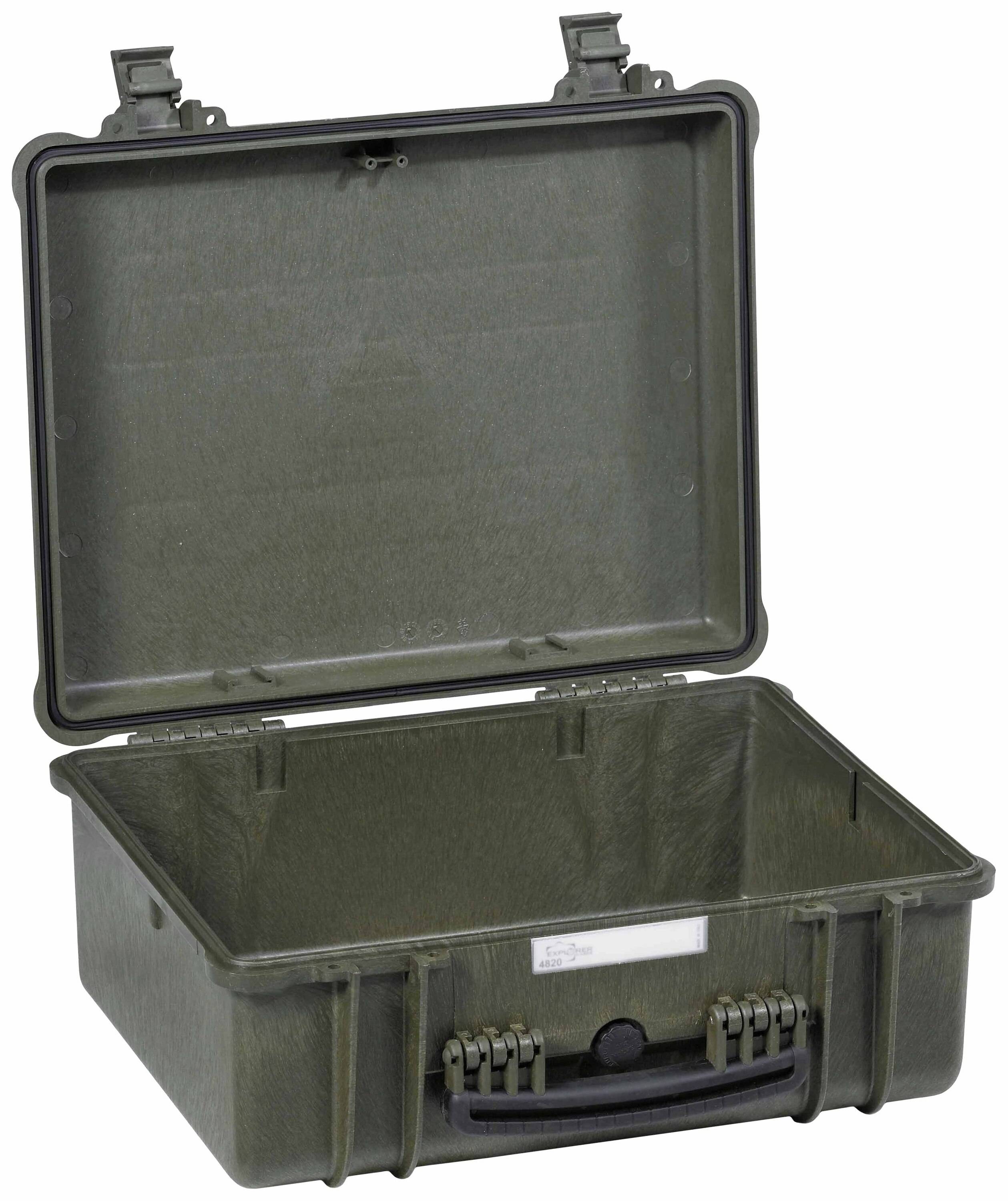 An open, empty green suitcase with buckles and a handle, suitable for the secure storage of delicate items.