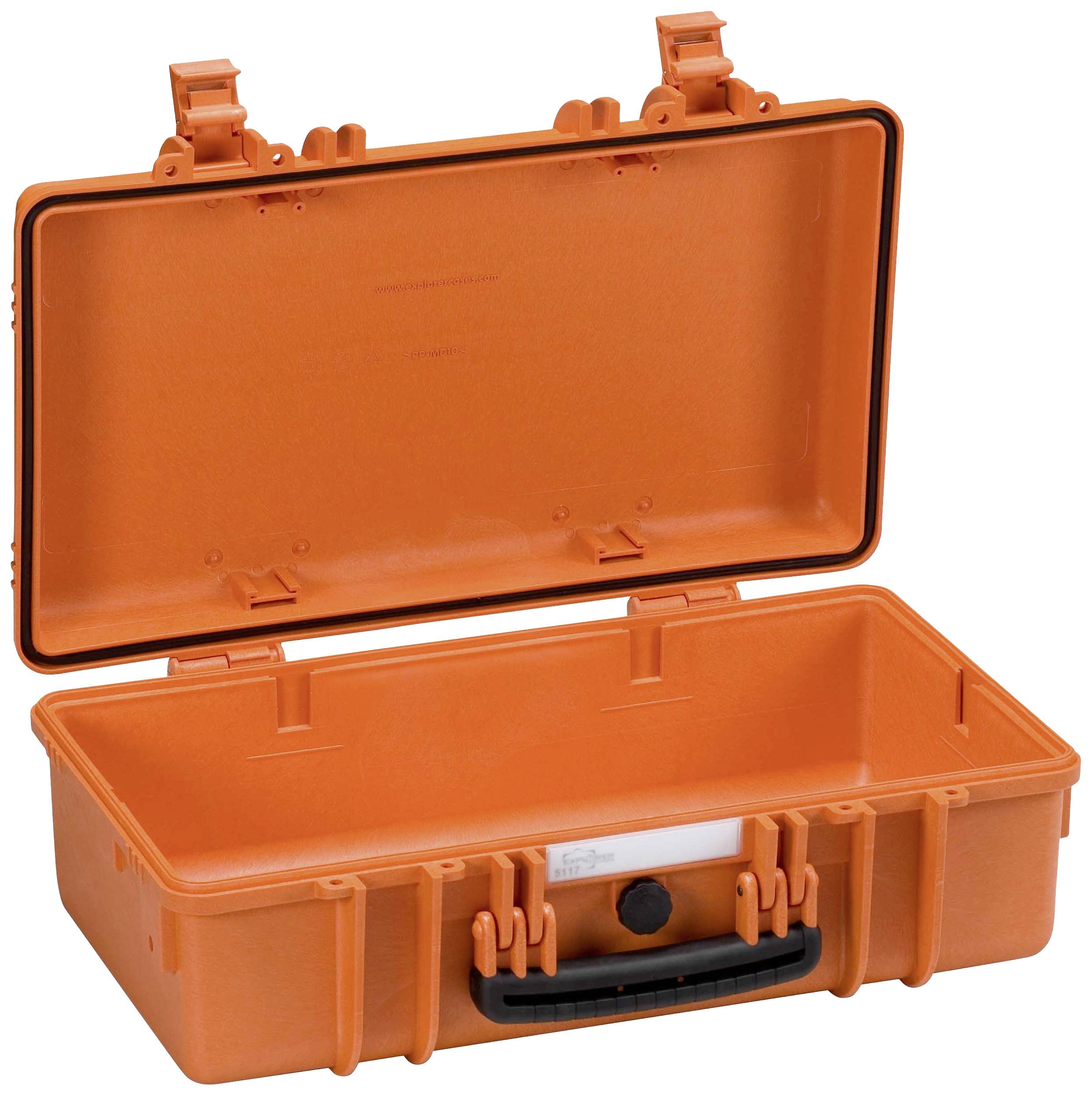 'Orange robust protective case, opened, showing interior compartment. Ideal for delicate items. Features locks and black handle.'