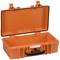 'Orange robust protective case, opened, showing interior compartment. Ideal for delicate items. Features locks and black handle.'