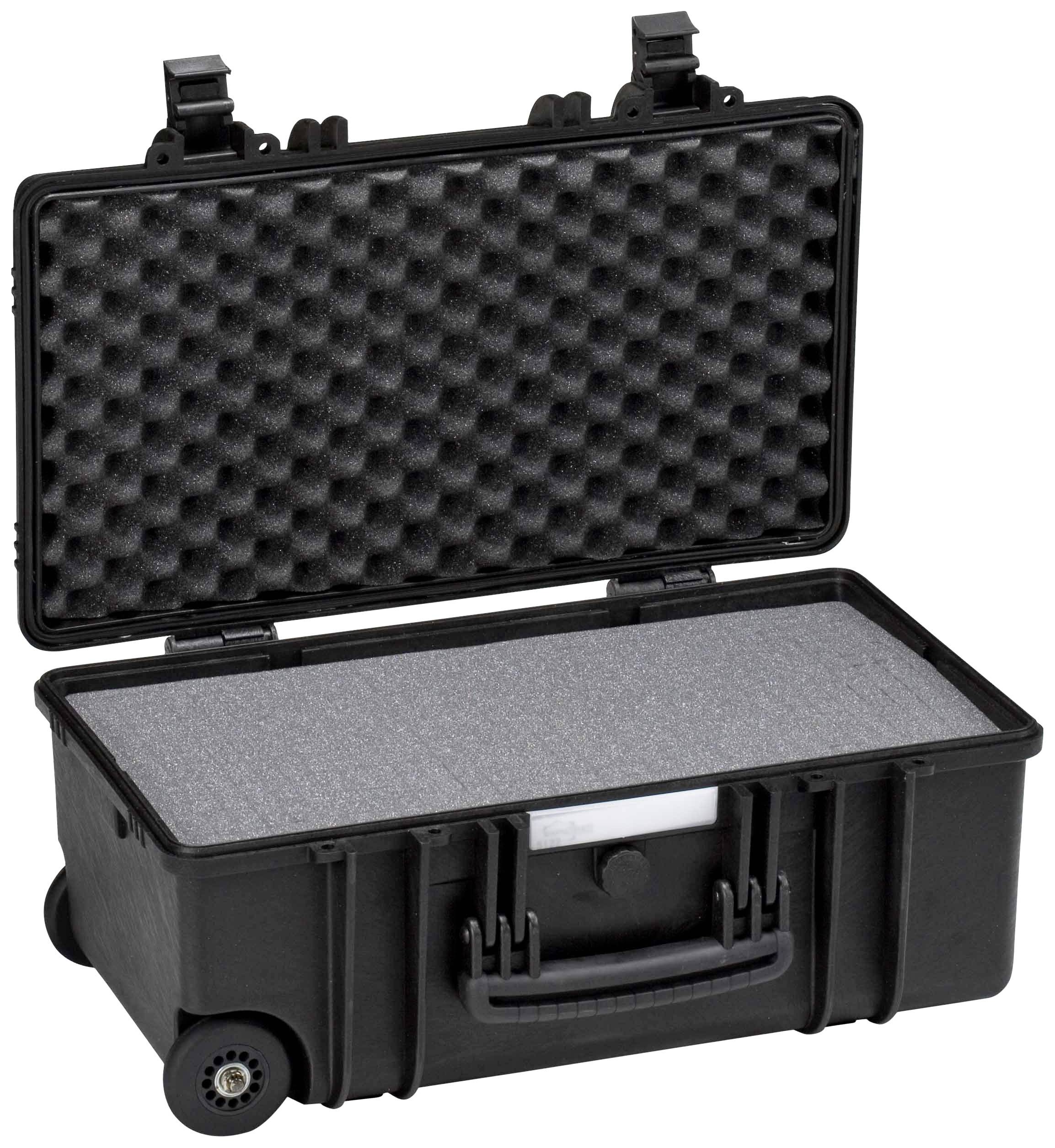 Black, robust suitcase with open lid, interior foam padding to protect delicate items.