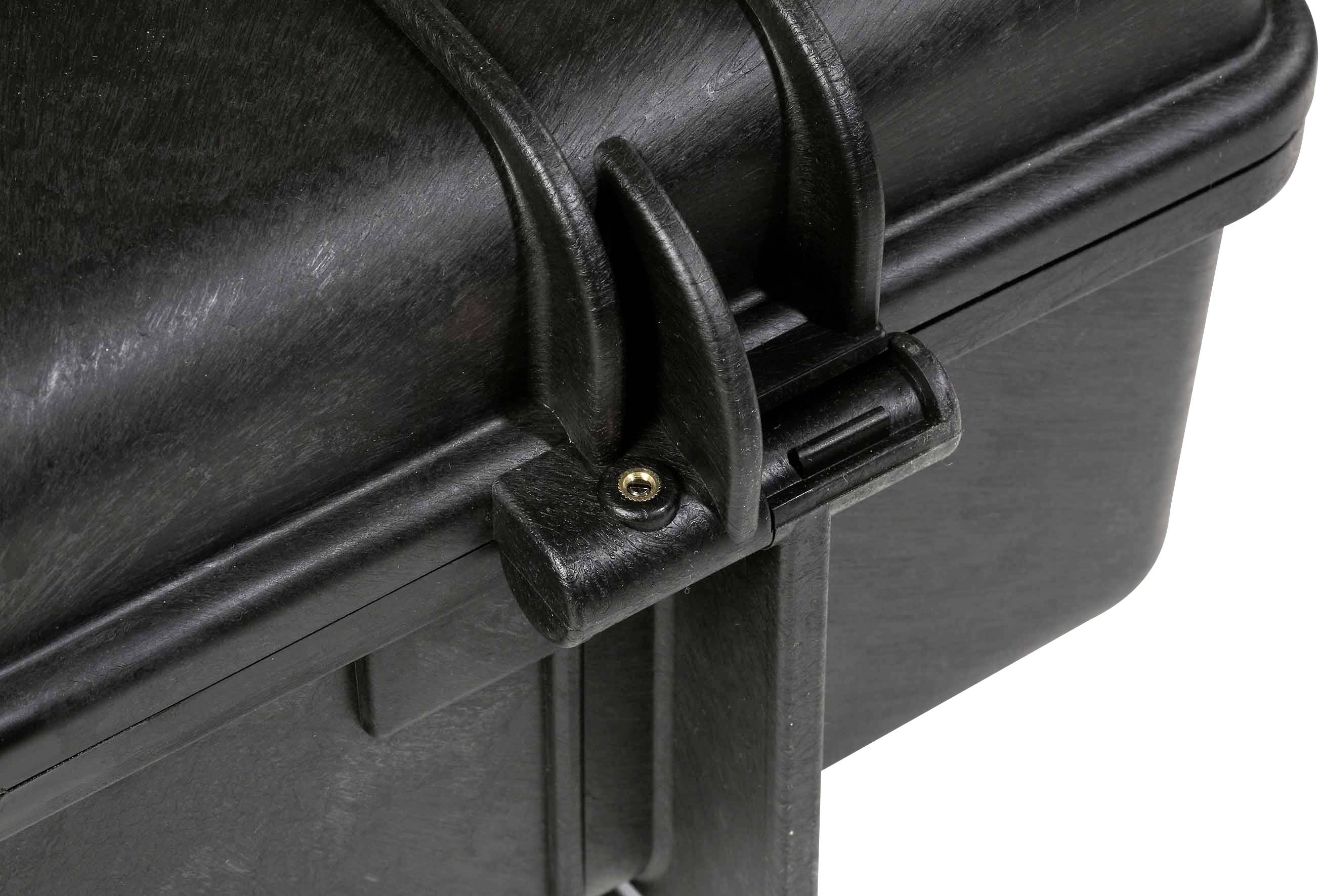 A black, robust suitcase with a secure fastening and textured surface, suitable for the safe transportation of delicate items.