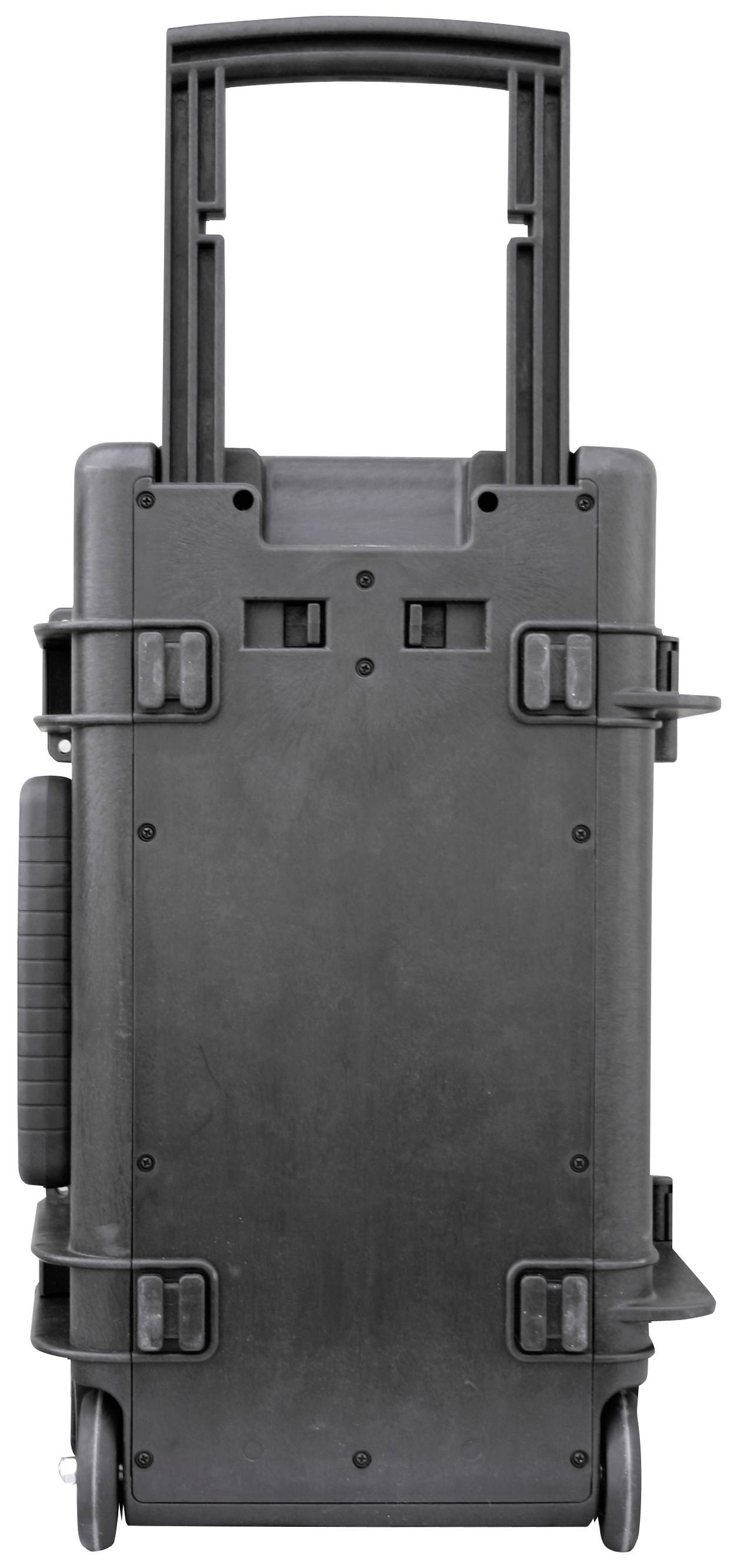 Black, rectangular wheeled suitcase with an extendable handle, standing upright.