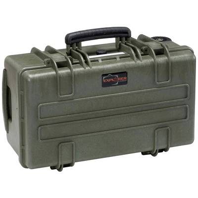 A robust, olive green hard-shell suitcase with a carry handle and reinforced corners. On the front, it reads 'Explorer Cases'.