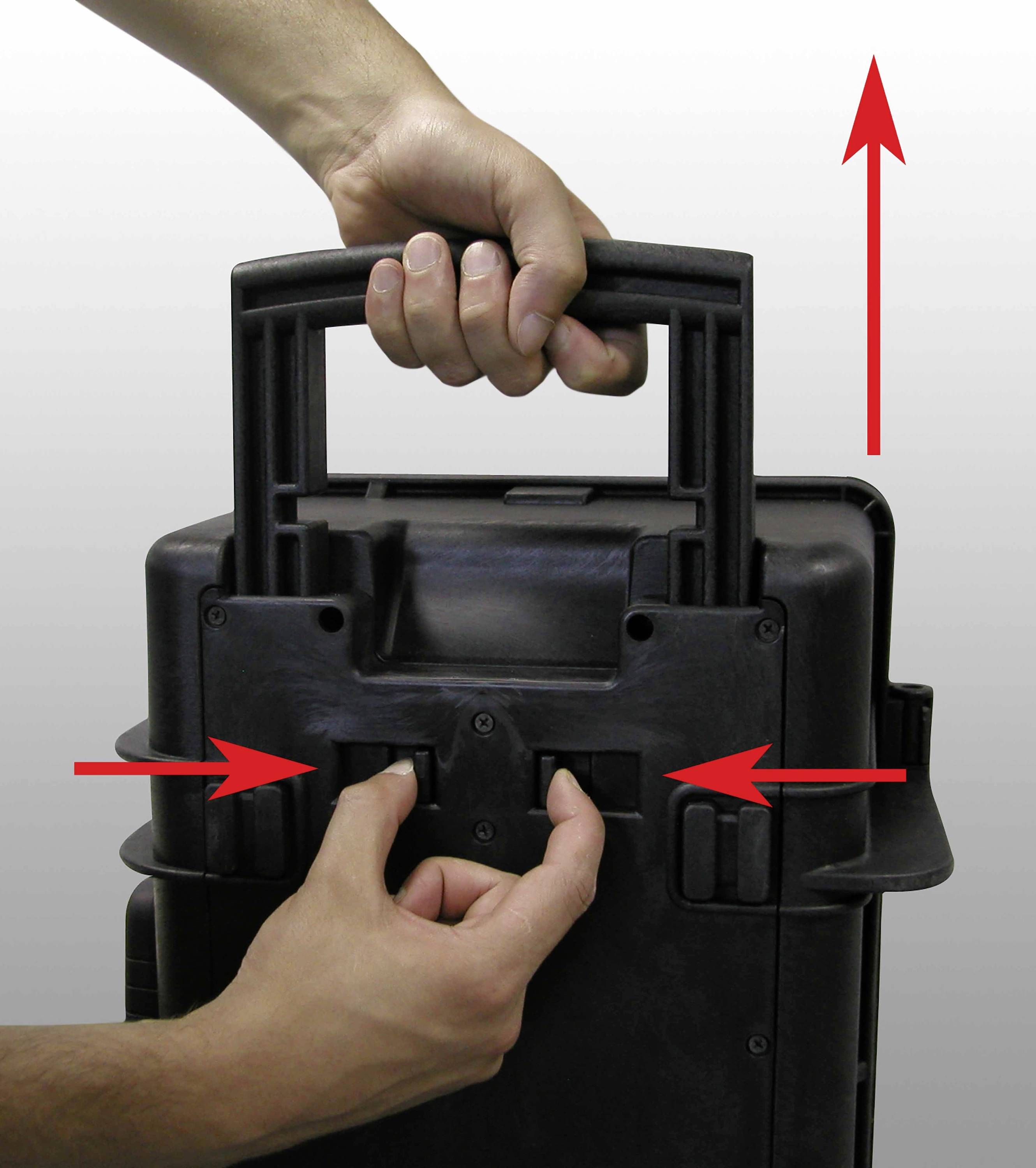 'A suitcase handle is pulled upwards. Hands press side buttons to release the handle.'