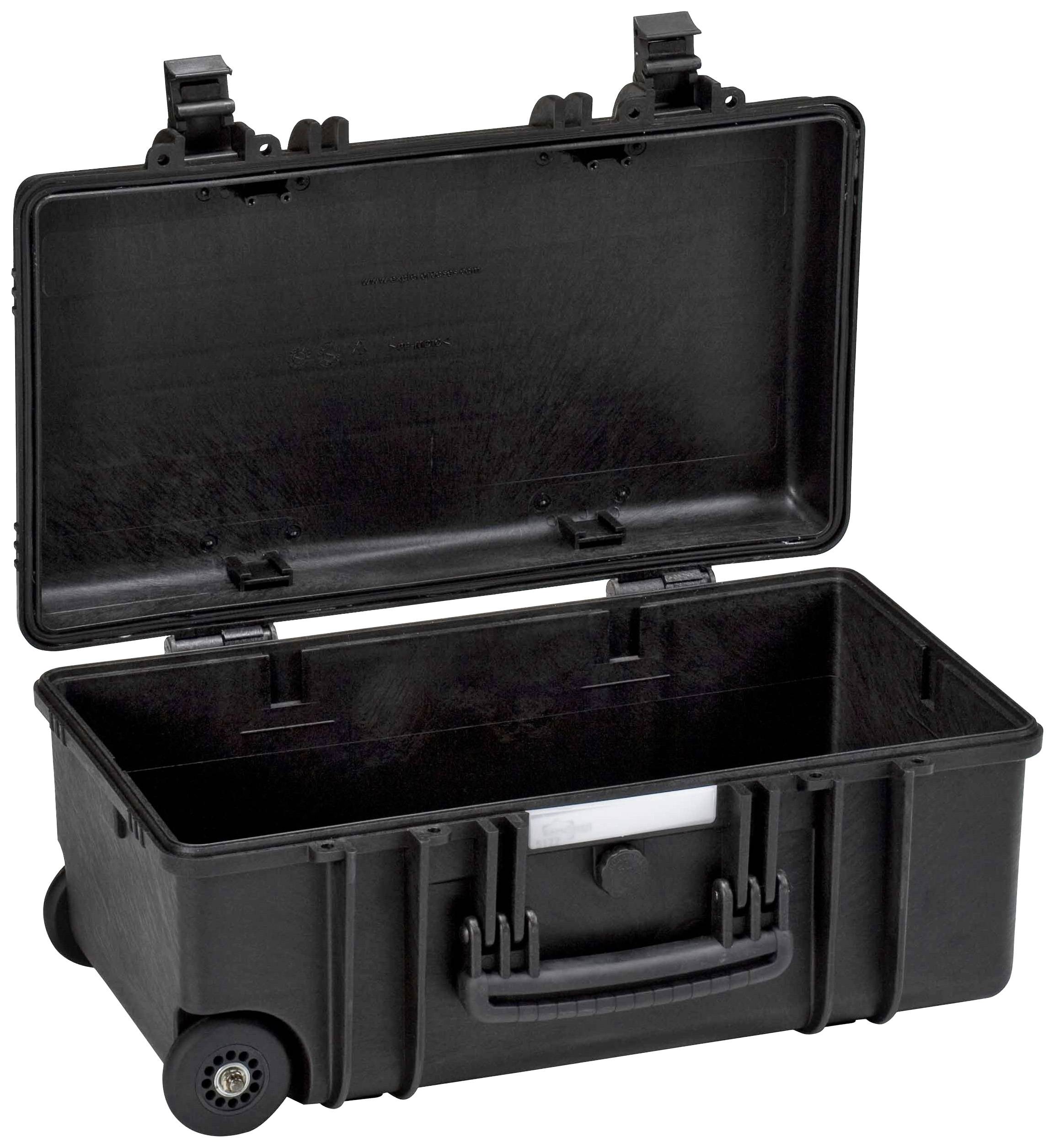 A black hard-shell suitcase with wheels and handle, suitable for the secure transportation of delicate items.
