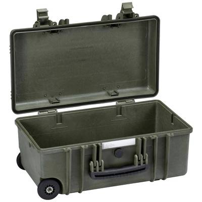 Green transport case with an open lid, fitted with wheels and handles, for secure and mobile transportation of items.