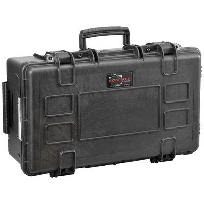 Black, sturdy hard-shell case with handle and snap locks. Sticker with the word 'Explorer' on the front.
