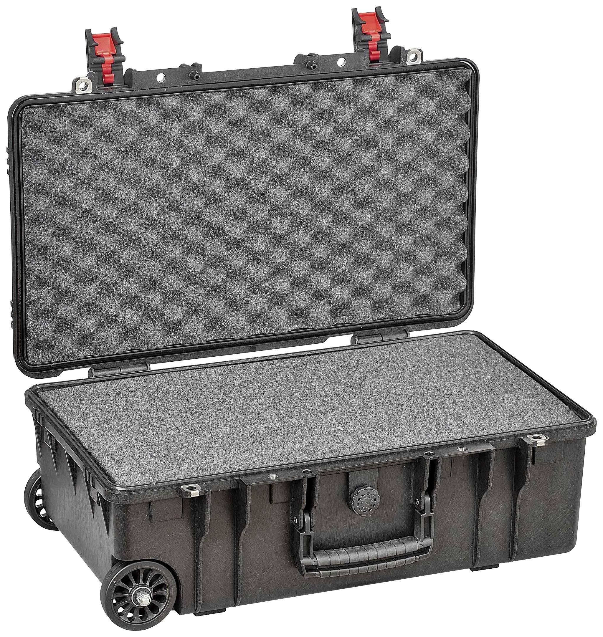 Black, robust transport case with foam lining, open. Suitable for safely transporting delicate items.