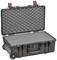 Black, robust transport case with foam lining, open. Suitable for safely transporting delicate items.