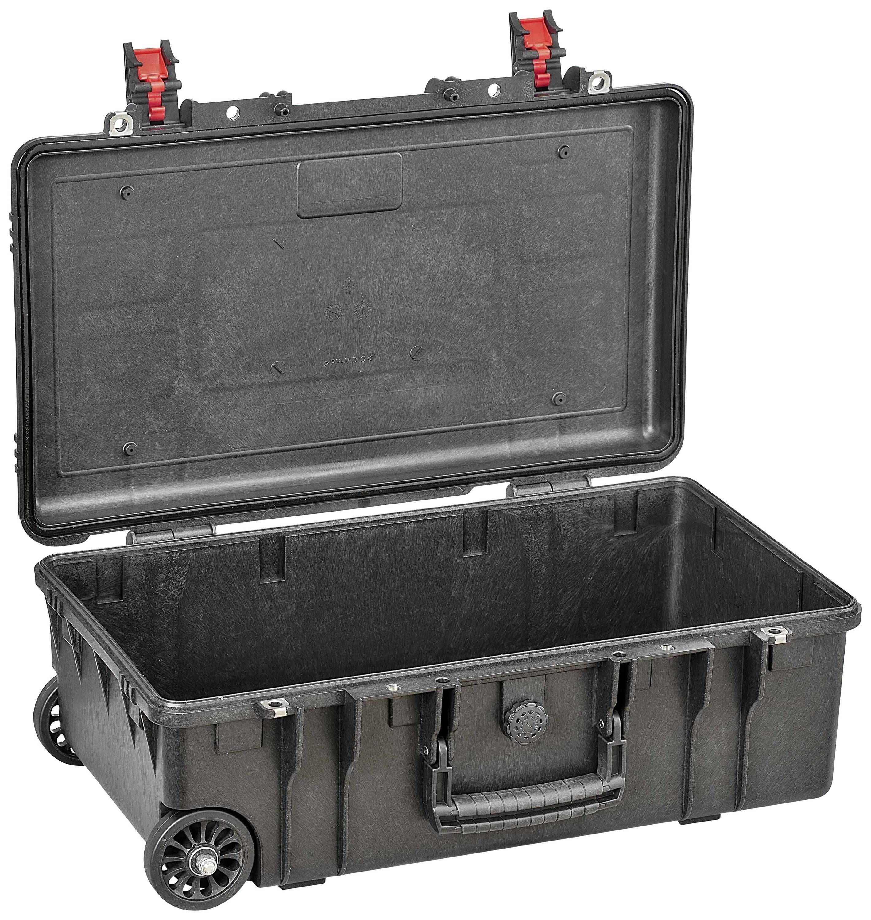 Black, open hard-shell suitcase with two wheels and two red locks on top. Ideal for secure transportation of delicate items.