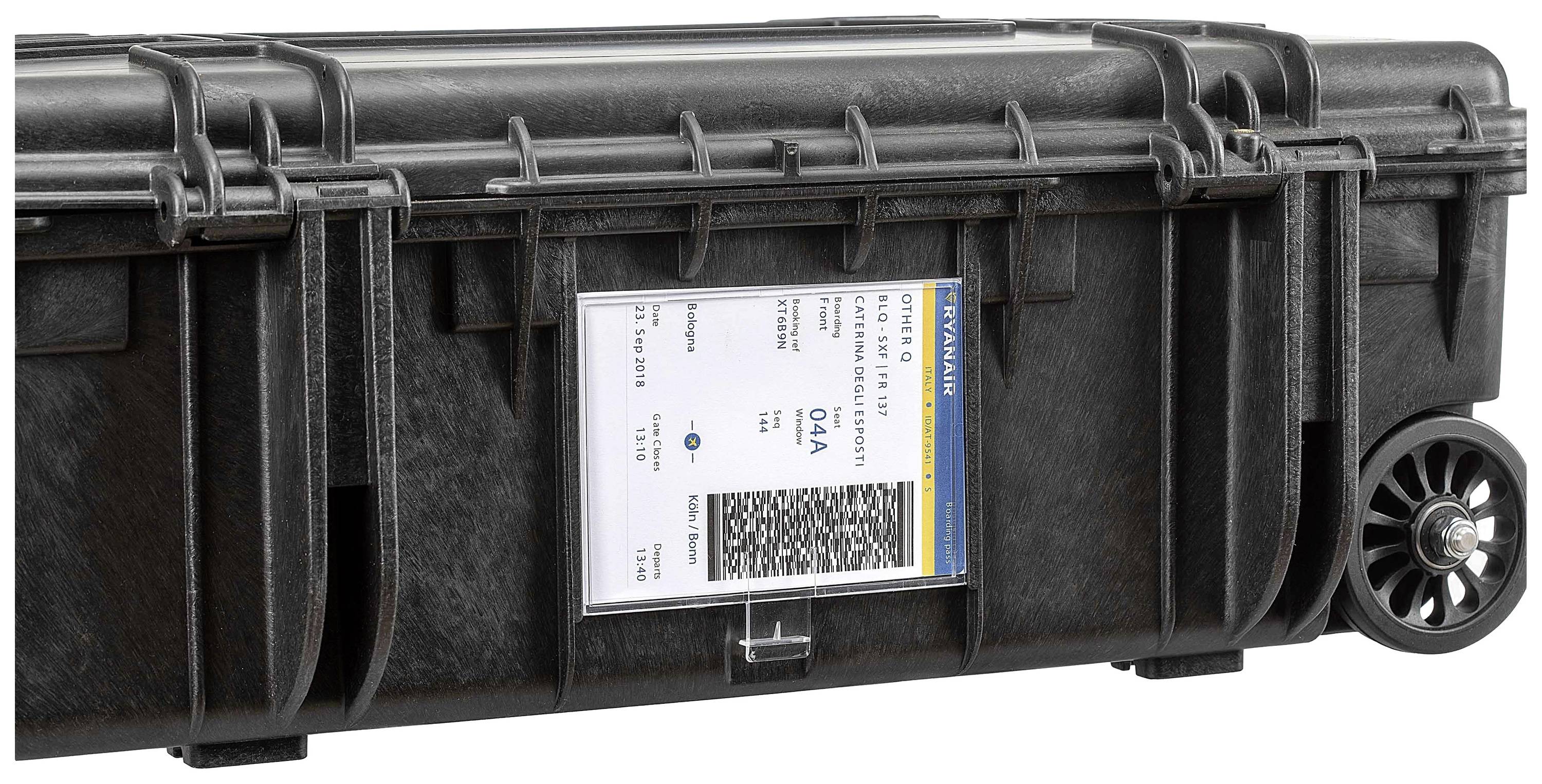 Black protective suitcase with wheels and a label. Label displays a barcode and shipping information.