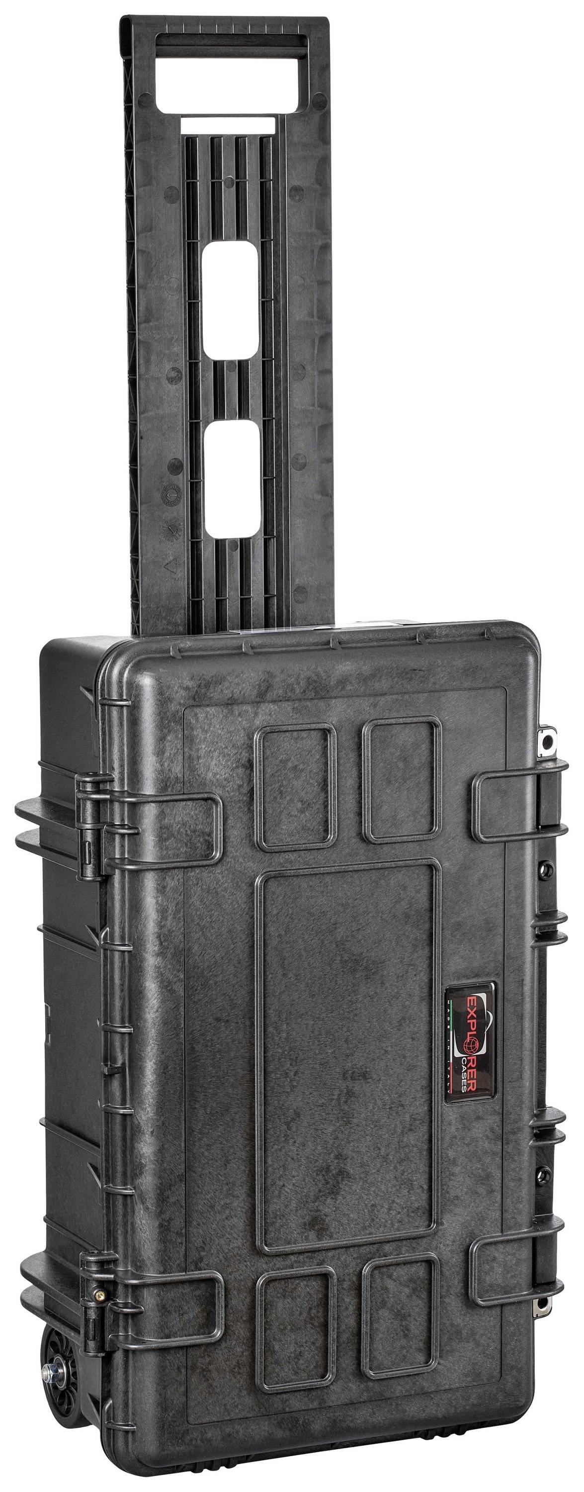 Large black hard-shell suitcase with extendable handle and wheels, suitable for safe and mobile transportation of equipment.