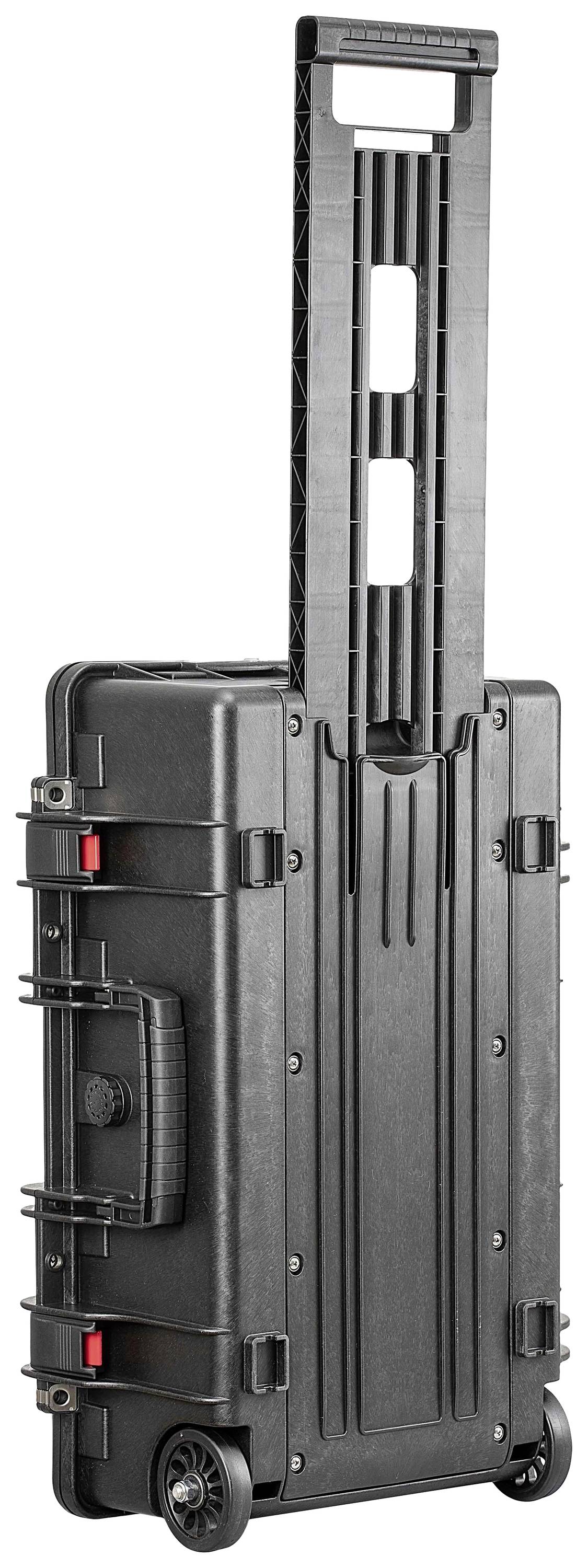 Black hard-shell suitcase with telescopic handle and wheels, suitable for safely transporting delicate equipment.