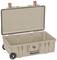 A large, beige, open suitcase with wheels and a black handle, suitable for transporting delicate items.