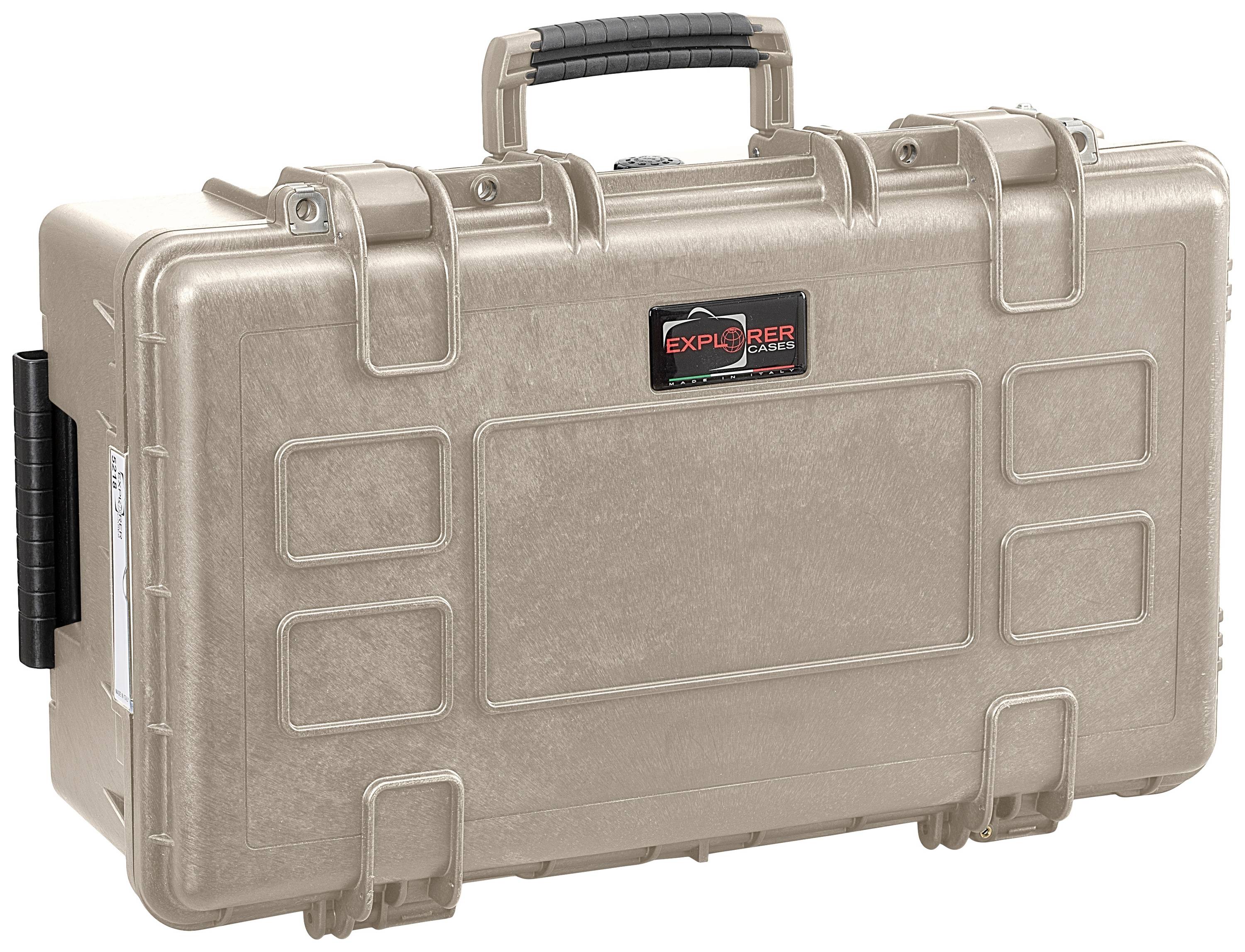 Suitcase with handle, beige, with black 'Explorer Cases' logo on the front. ─ Robust design, for secure transportation.