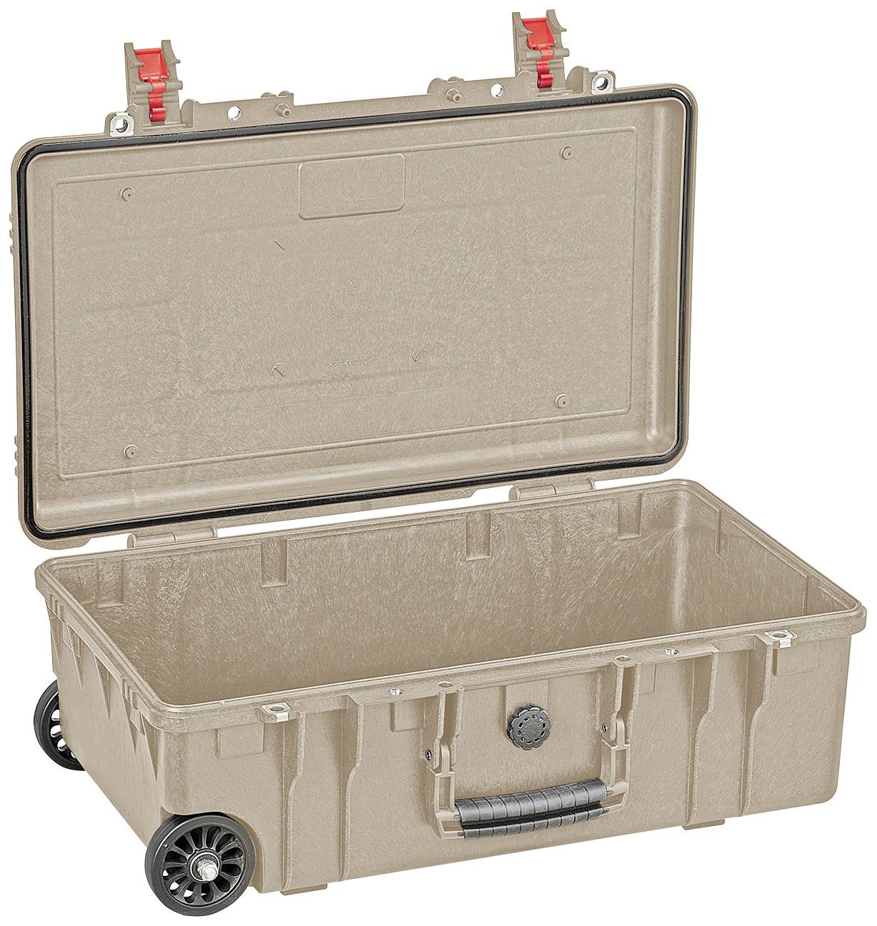 Open, rectangular hard-shell suitcase in beige, with wheels and a red fastening.