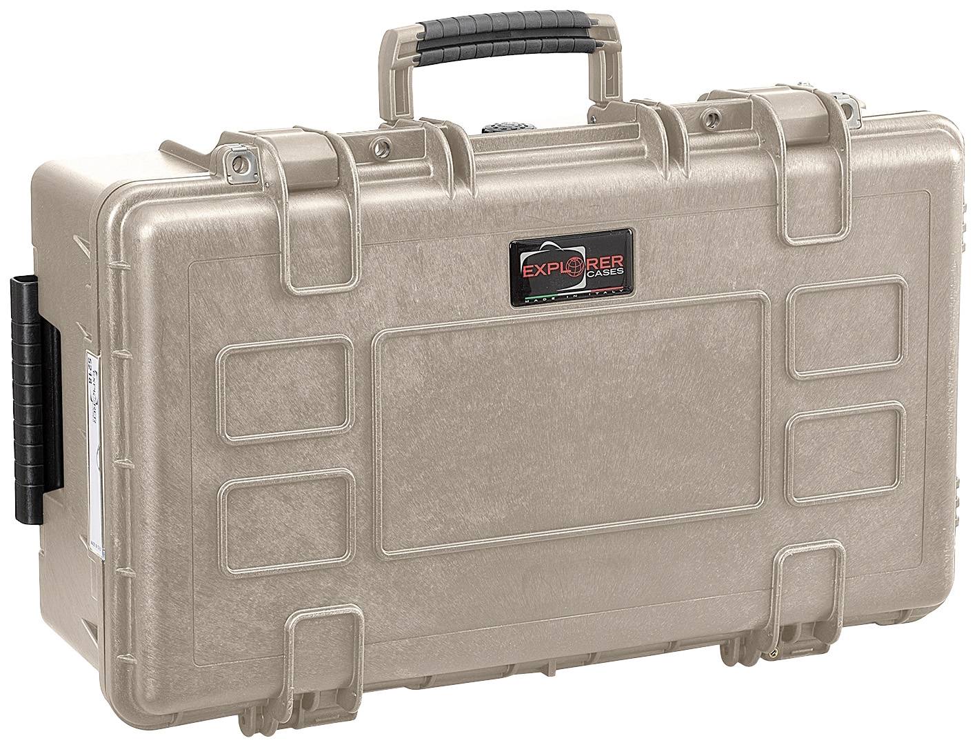 A beige hard-shell suitcase with a handle, rectangular in shape, and featuring a plaque on the front with the inscription 'Explorer Cases'.