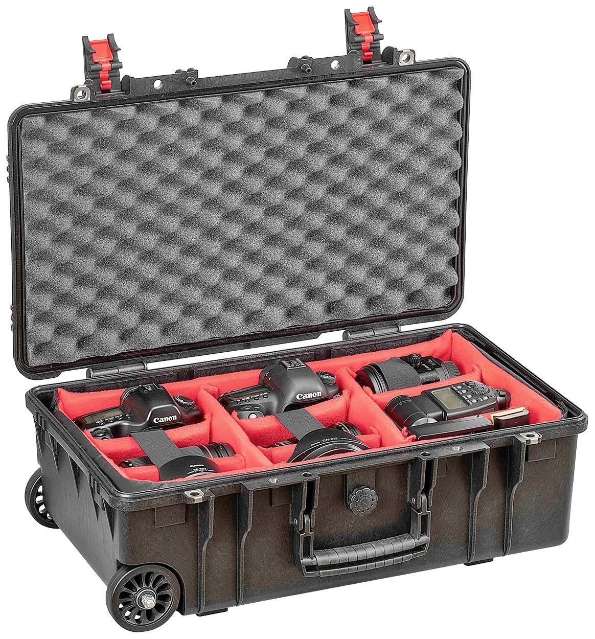 'Open black hard-shell case with foam lining, with several cameras and lenses securely stored inside.'