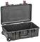 Black, open suitcase with wheels and carry handle. Suitable for the secure transportation of equipment or delicate items.