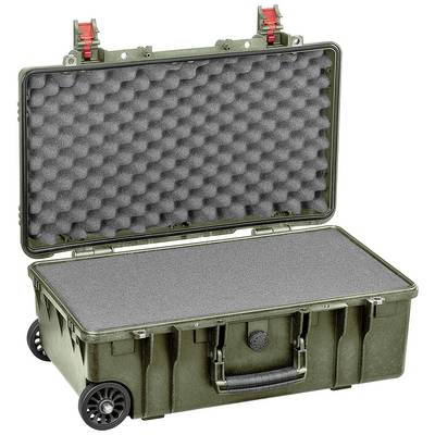 Green hard-shell suitcase with foam padding inside, opened. The suitcase has wheels and red clasps.