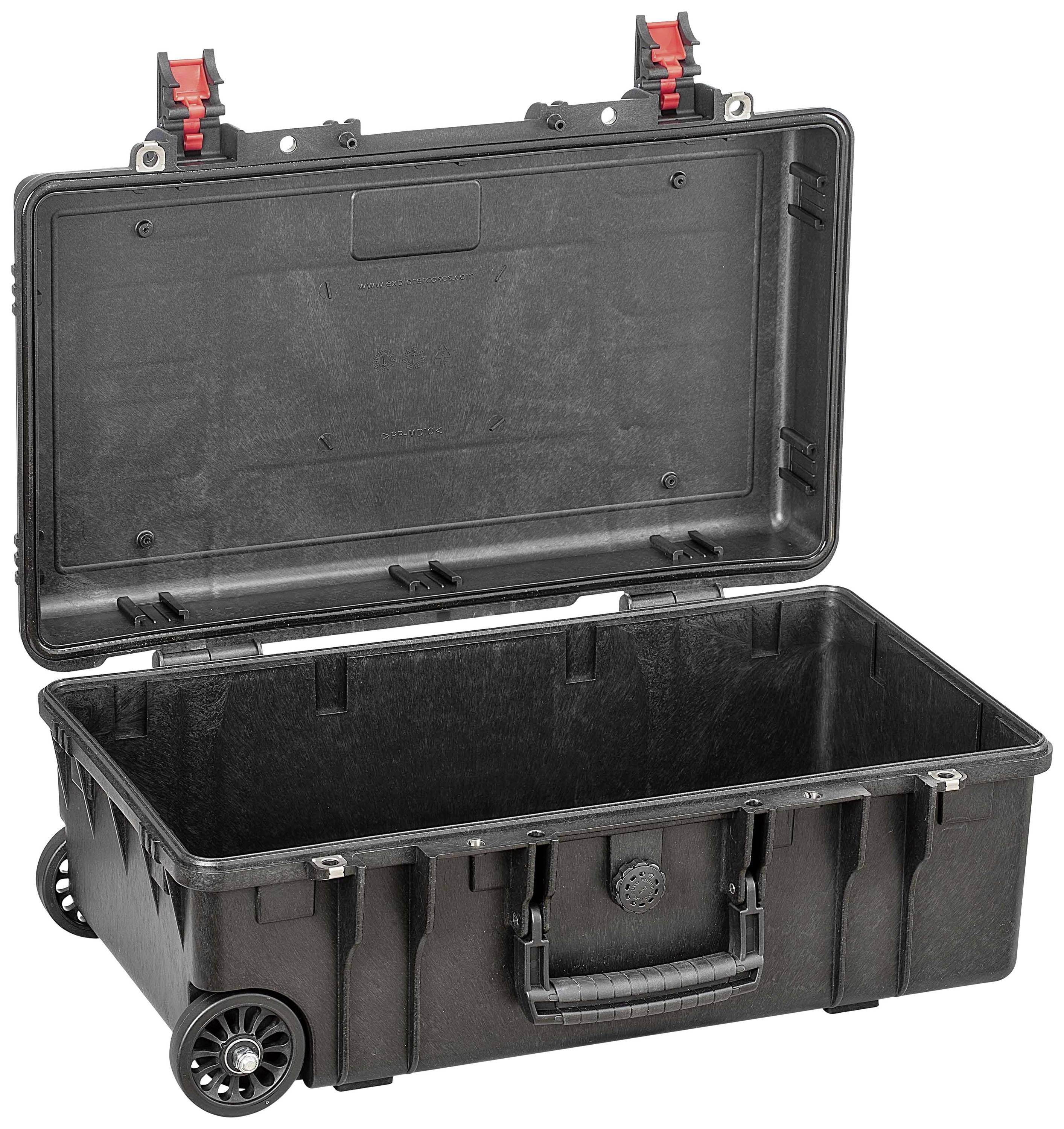 Black, empty rolling suitcase with an open lid and red fasteners, suitable for transport and storage.