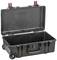 Black, empty rolling suitcase with an open lid and red fasteners, suitable for transport and storage.