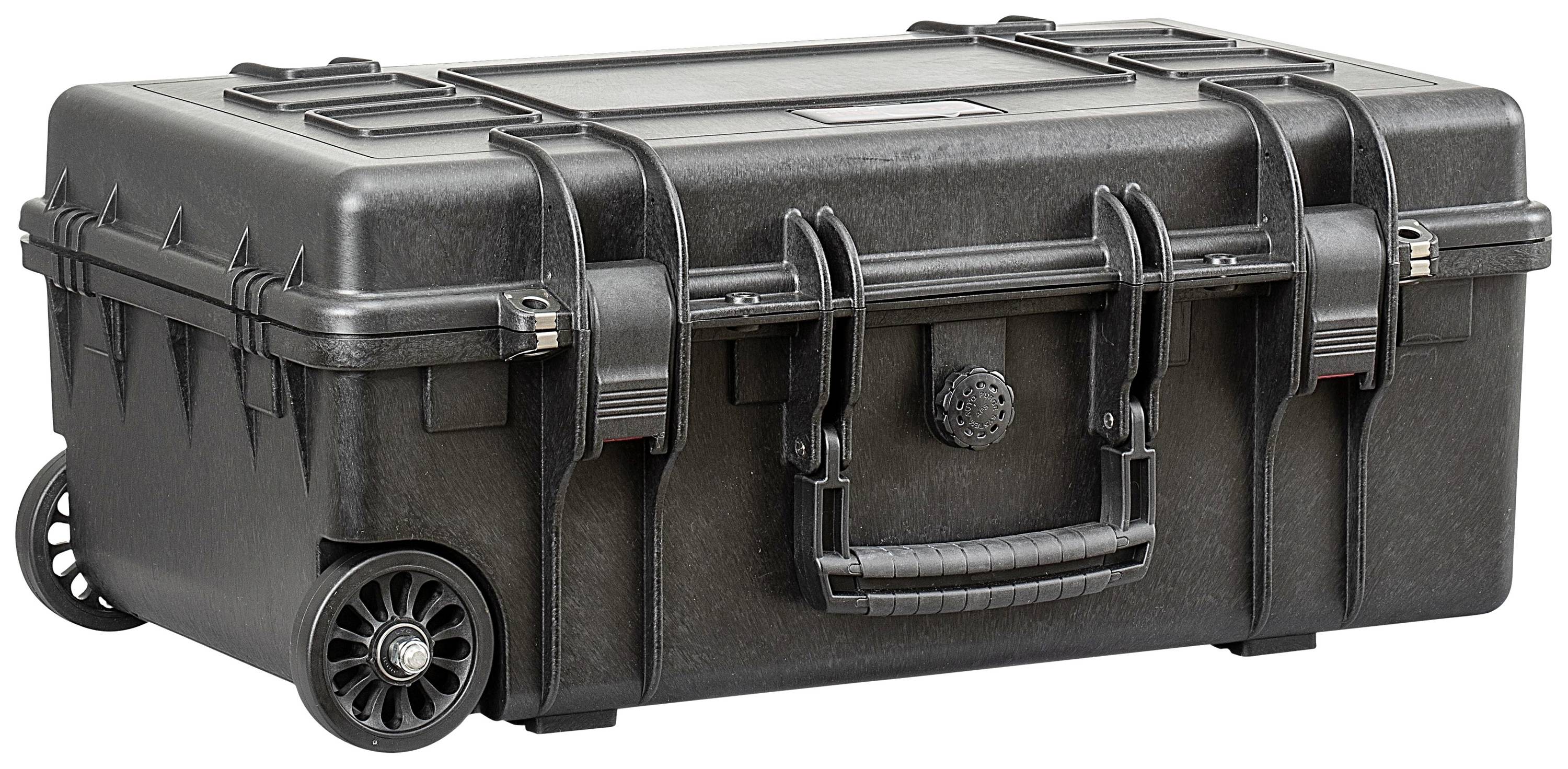 Black, robust transport case with wheels and handle, designed for the secure transportation of sensitive equipment.