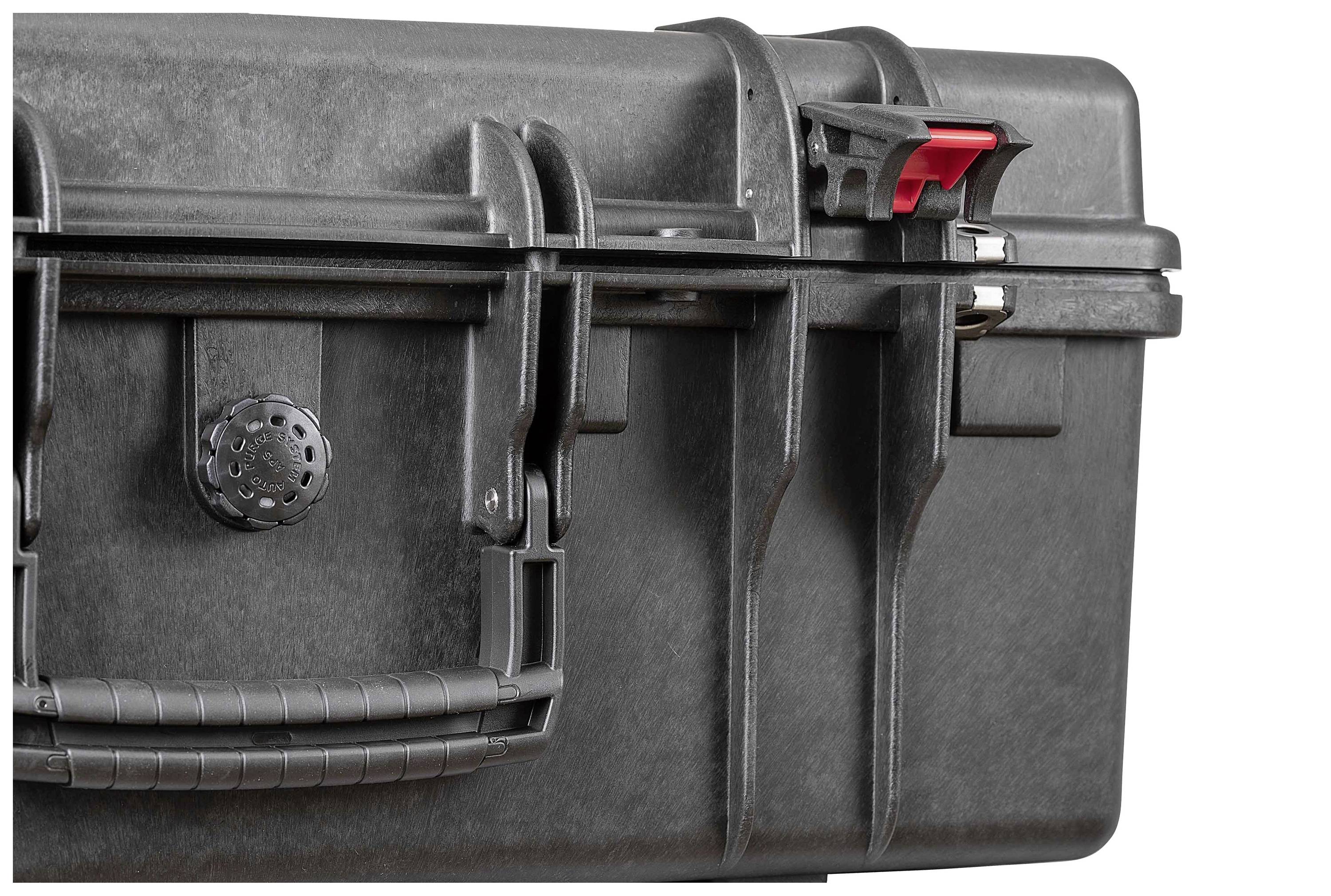 Black, robust plastic case with handle and red closure clip. Suitable for the secure transportation of delicate equipment.