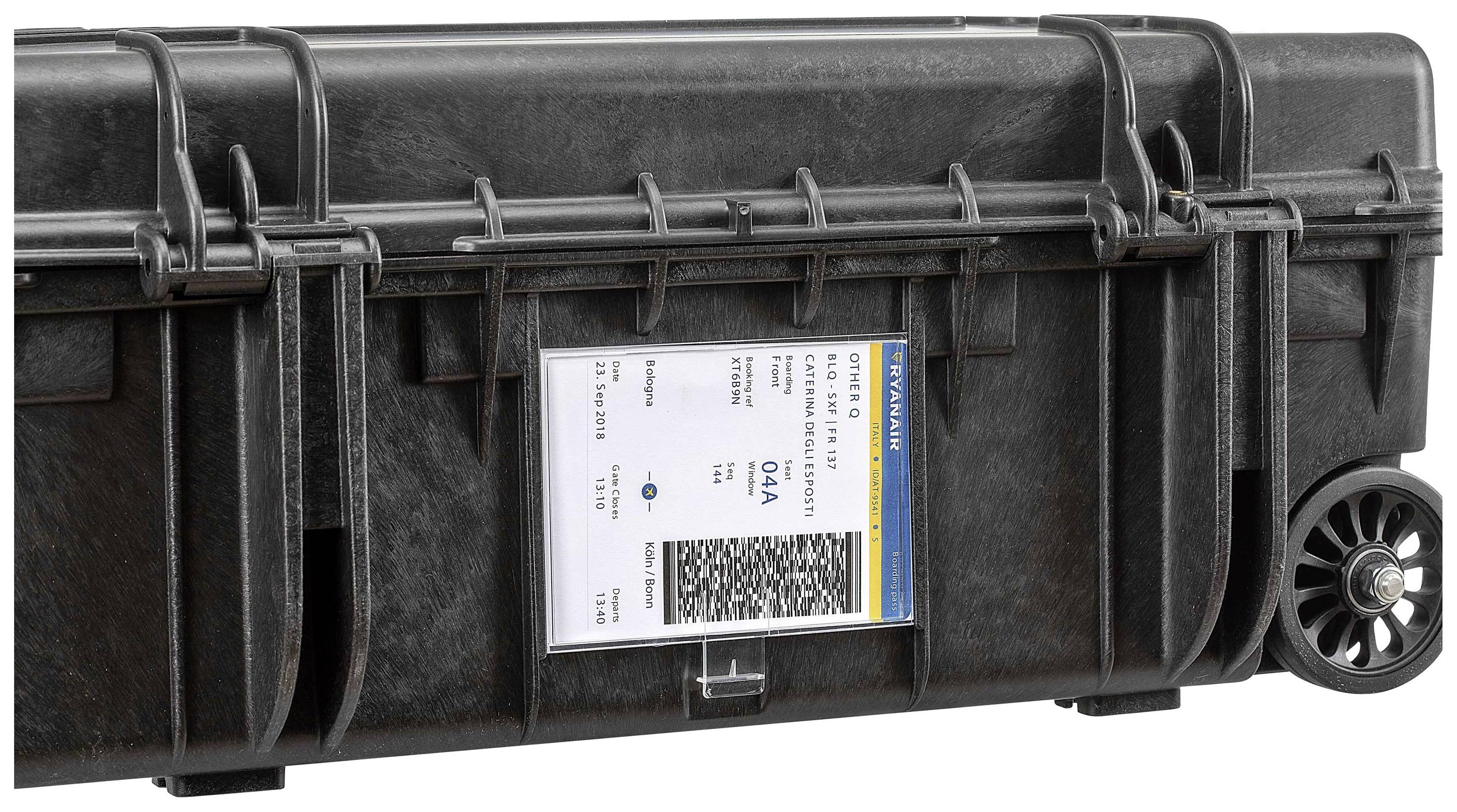 Black wheeled transport case with a tracking number label affixed to the side.