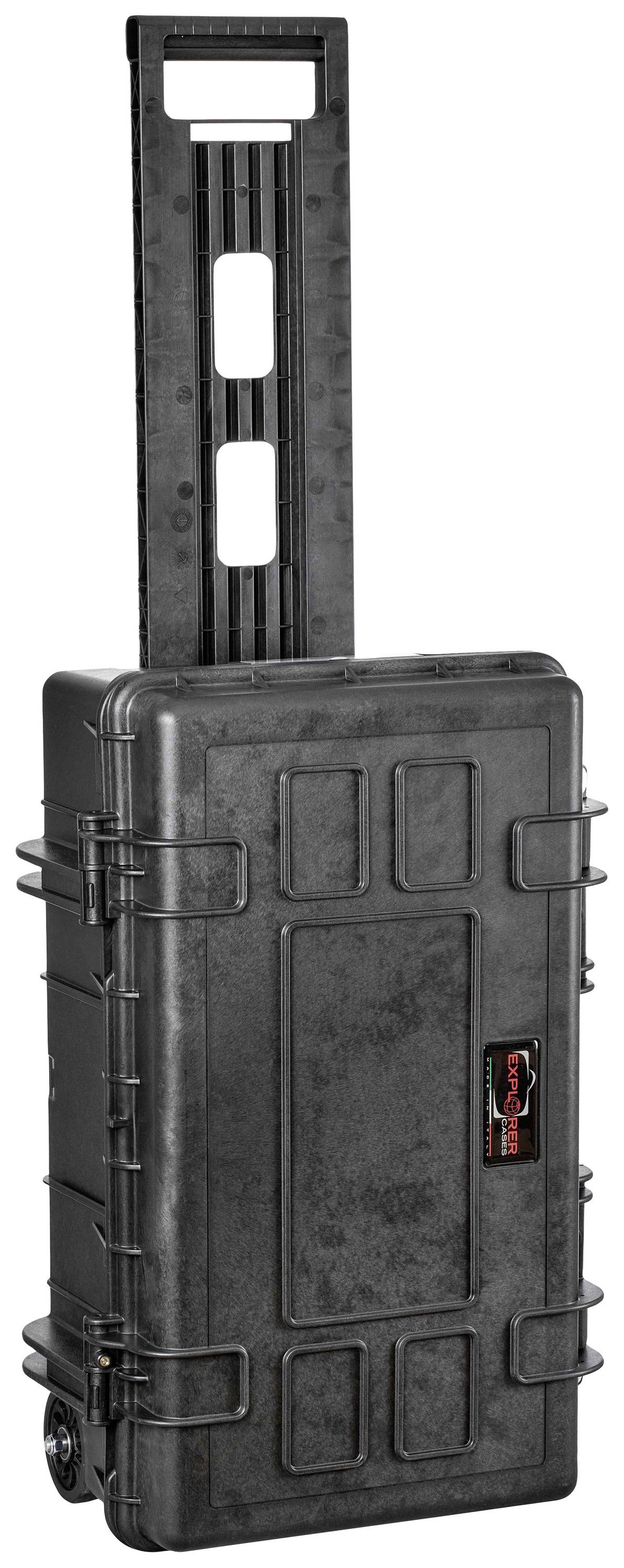 'Black, rectangular protective case with wheels and extendable handle, designed for the safe transportation of items.'
