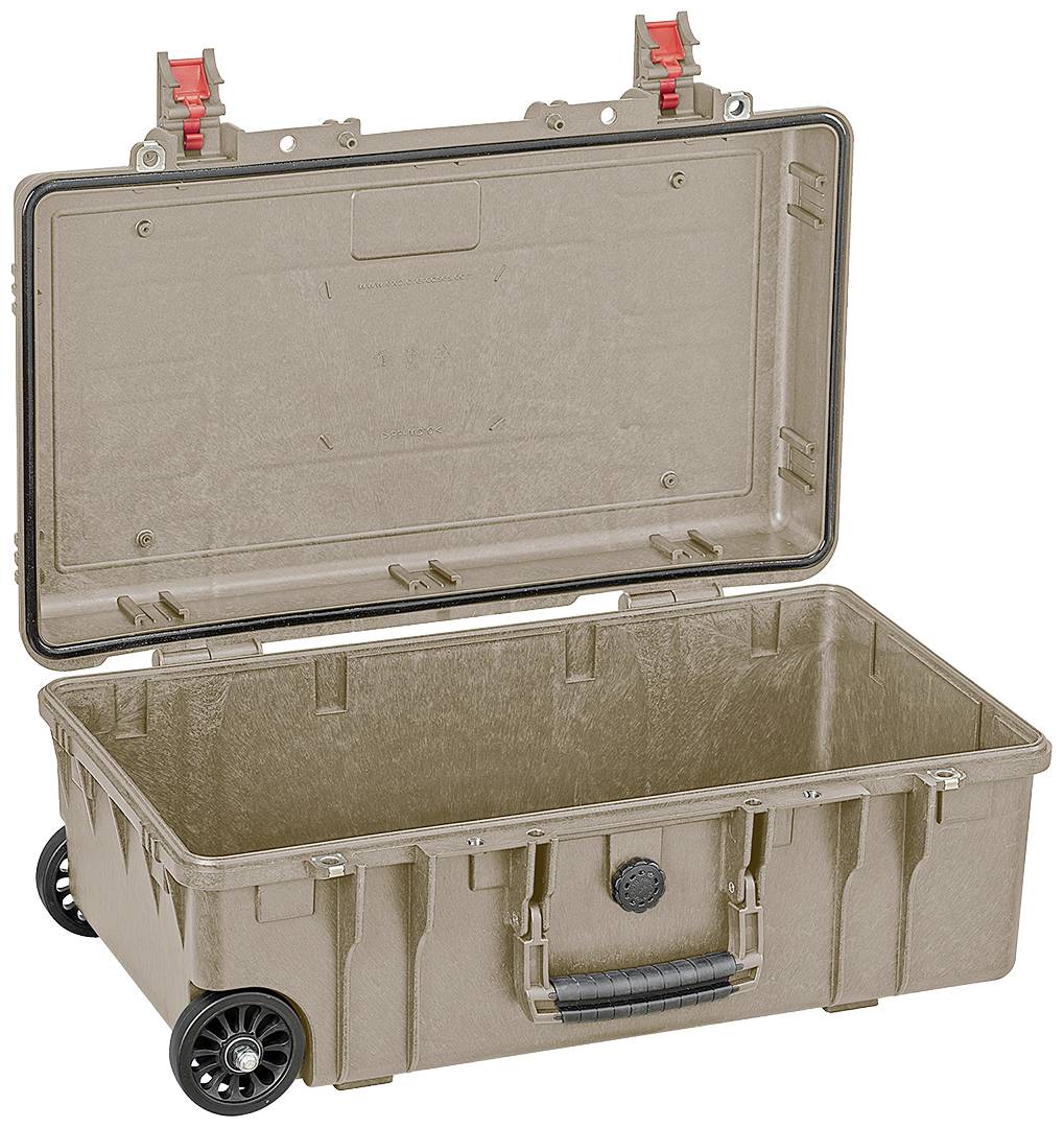 Large, brown, open suitcase with handle and wheels. Suitable for transporting heavy or delicate items.