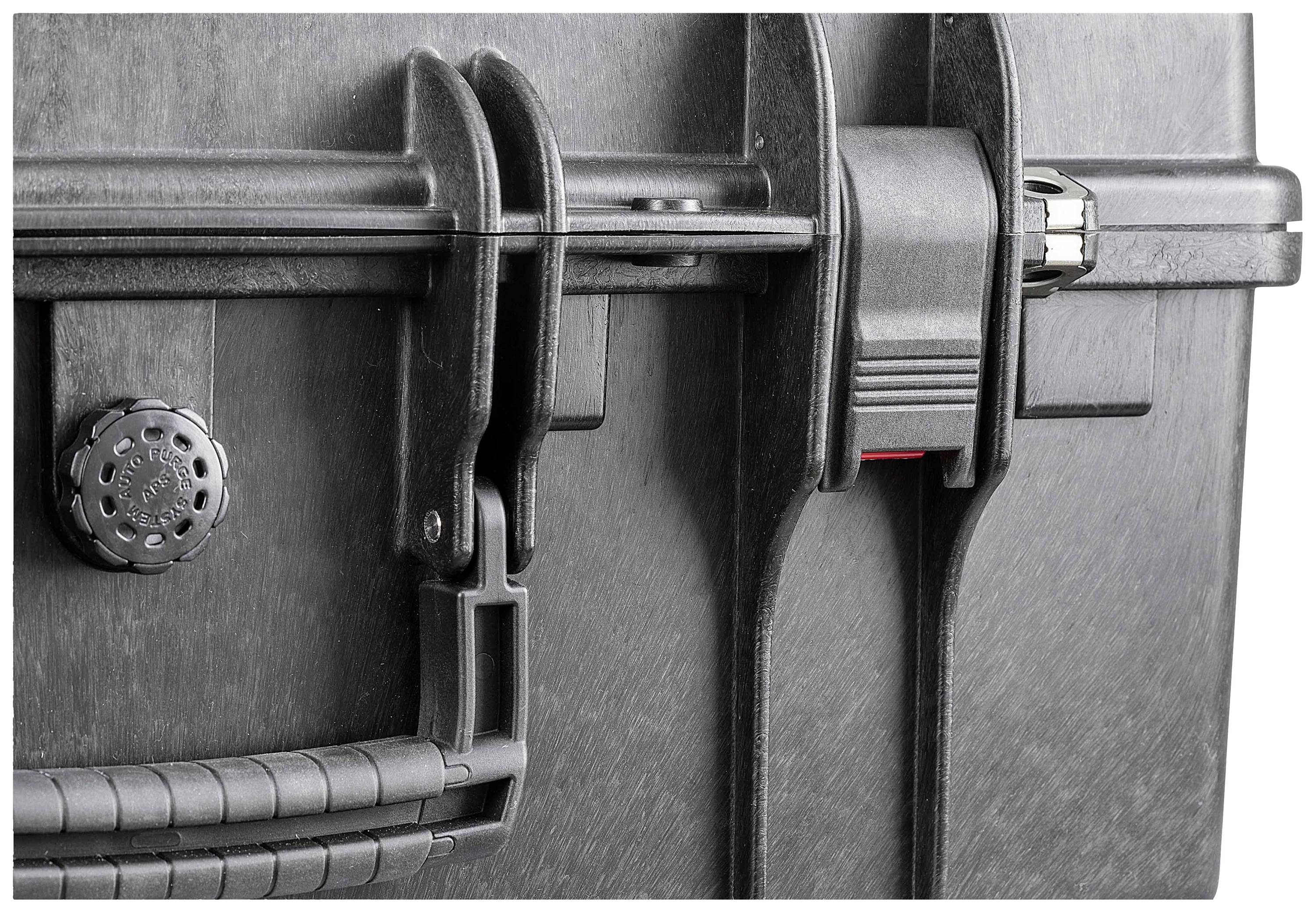 Close-up of a black protective case with handle and robust locking mechanism. Perfect for the secure transportation of delicate equipment.