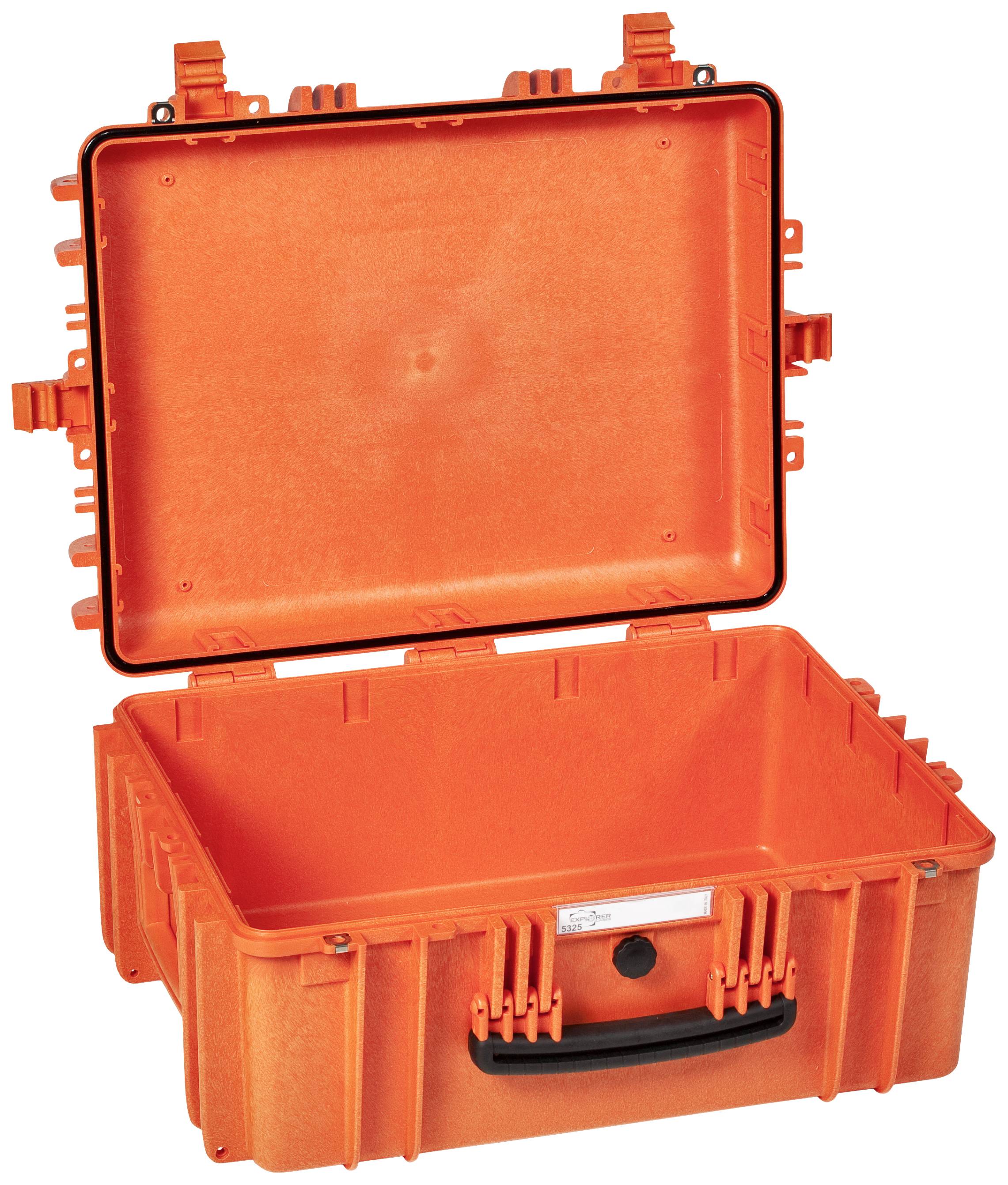 Open orange hard-shell suitcase with a black handle, suitable for the secure storage and transportation of delicate items.