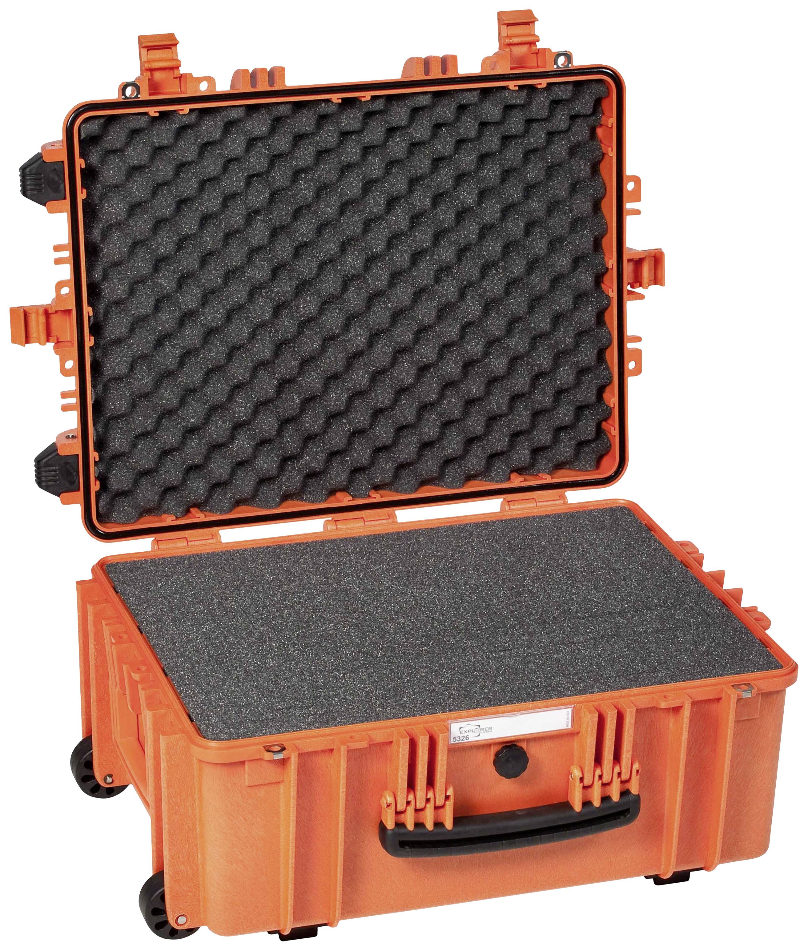 An open, orange protective case with foam padding inside, suitable for the safe transportation of delicate equipment.