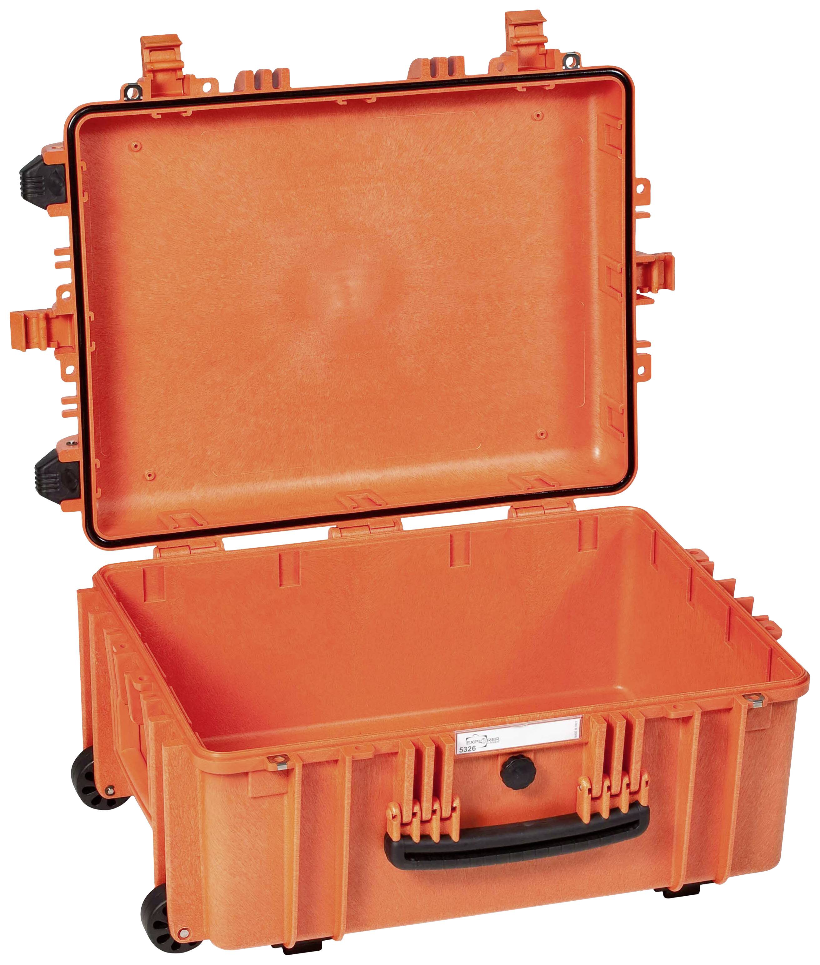 Orange, robust protective case with an open lid and black handle, suitable for the safe transportation of delicate equipment.