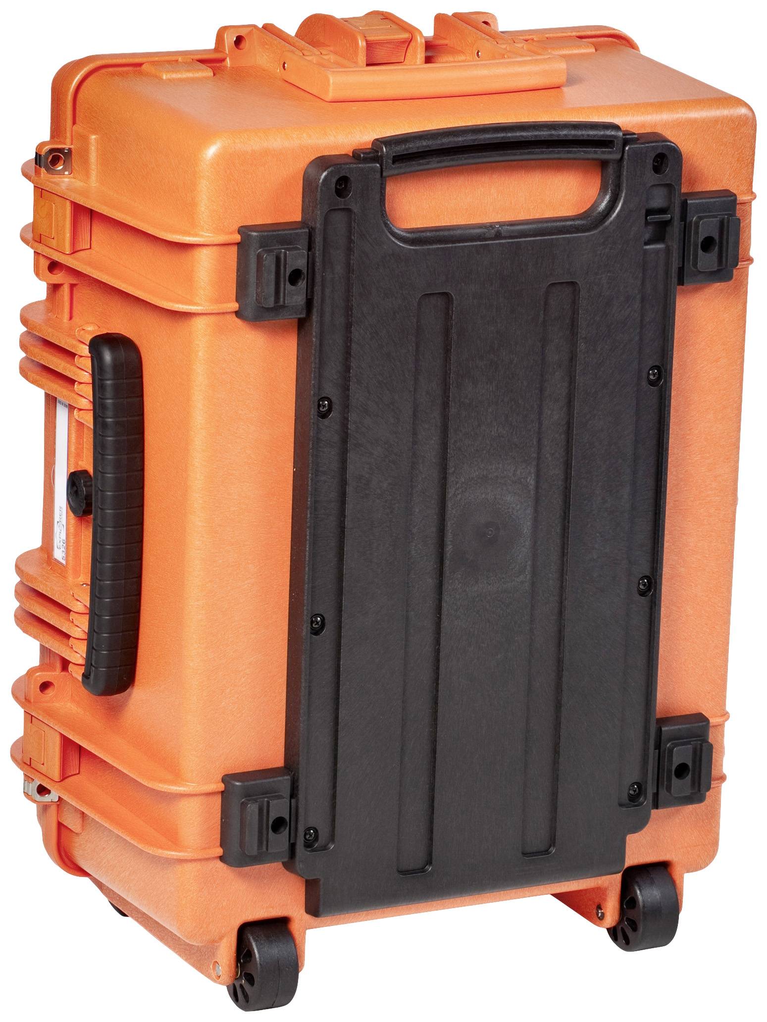 A large, robust, orange suitcase with black details stands upright. Suitable for transporting delicate equipment.