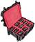 Open black hard-shell suitcase with red inner lining, containing camera equipment with multiple lenses and two cameras.