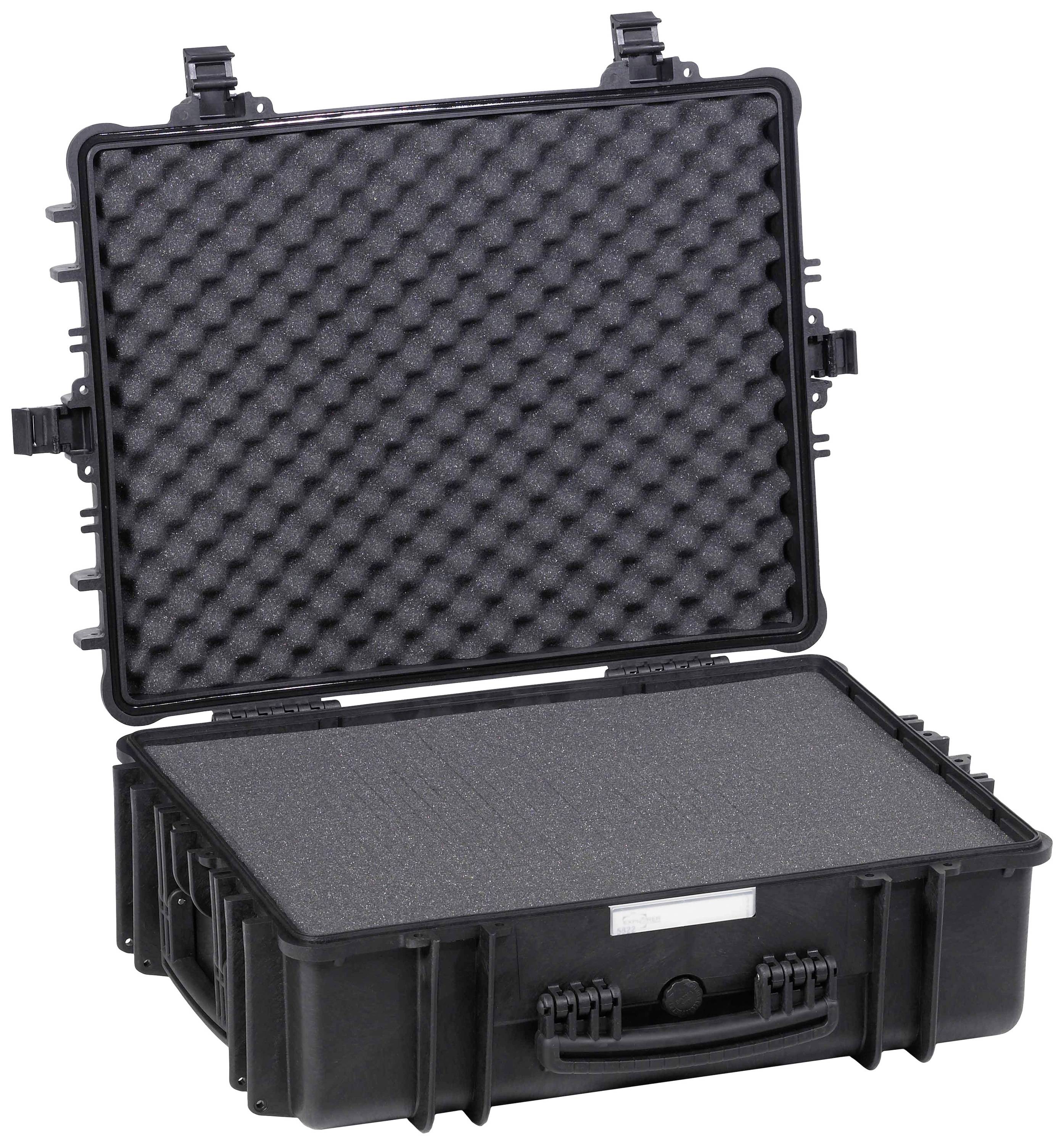 Black, opened hard-shell case with foam lining for secure transportation of delicate items.