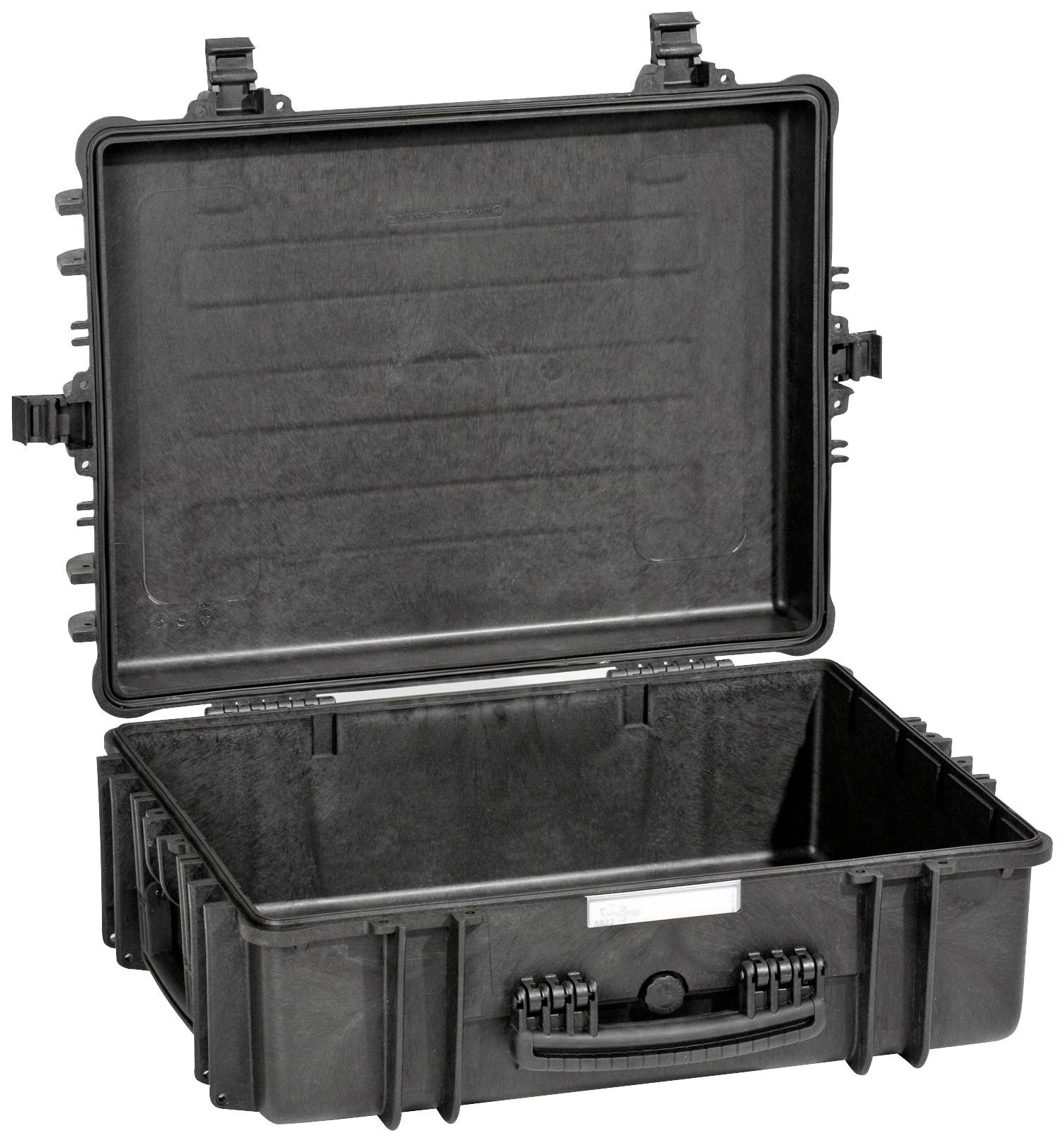 A large, open black plastic suitcase with a robust design, multiple locks, and a carry handle.