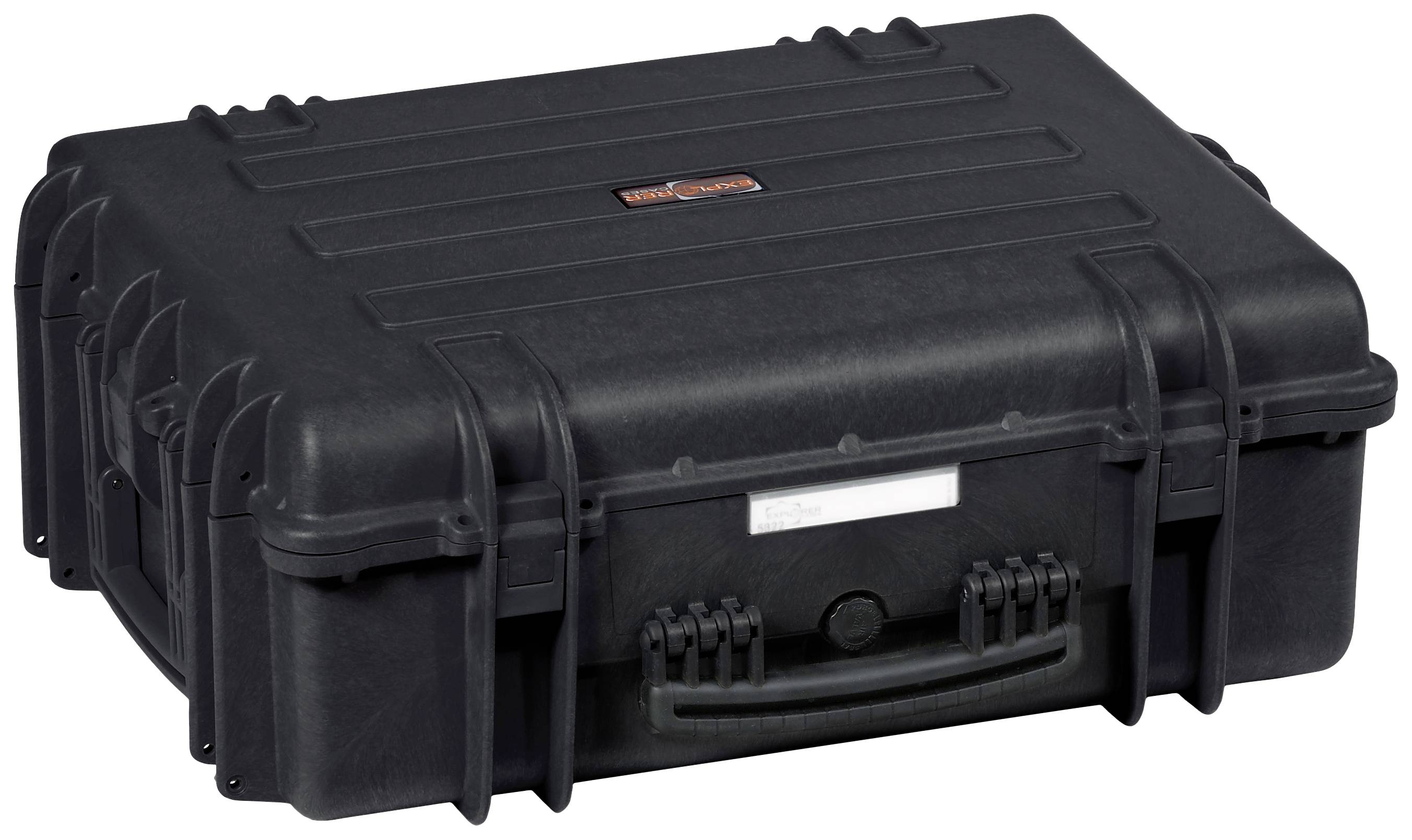 A sturdy, black plastic case with a handle and robust locks. Suitable for the secure transportation of delicate items.