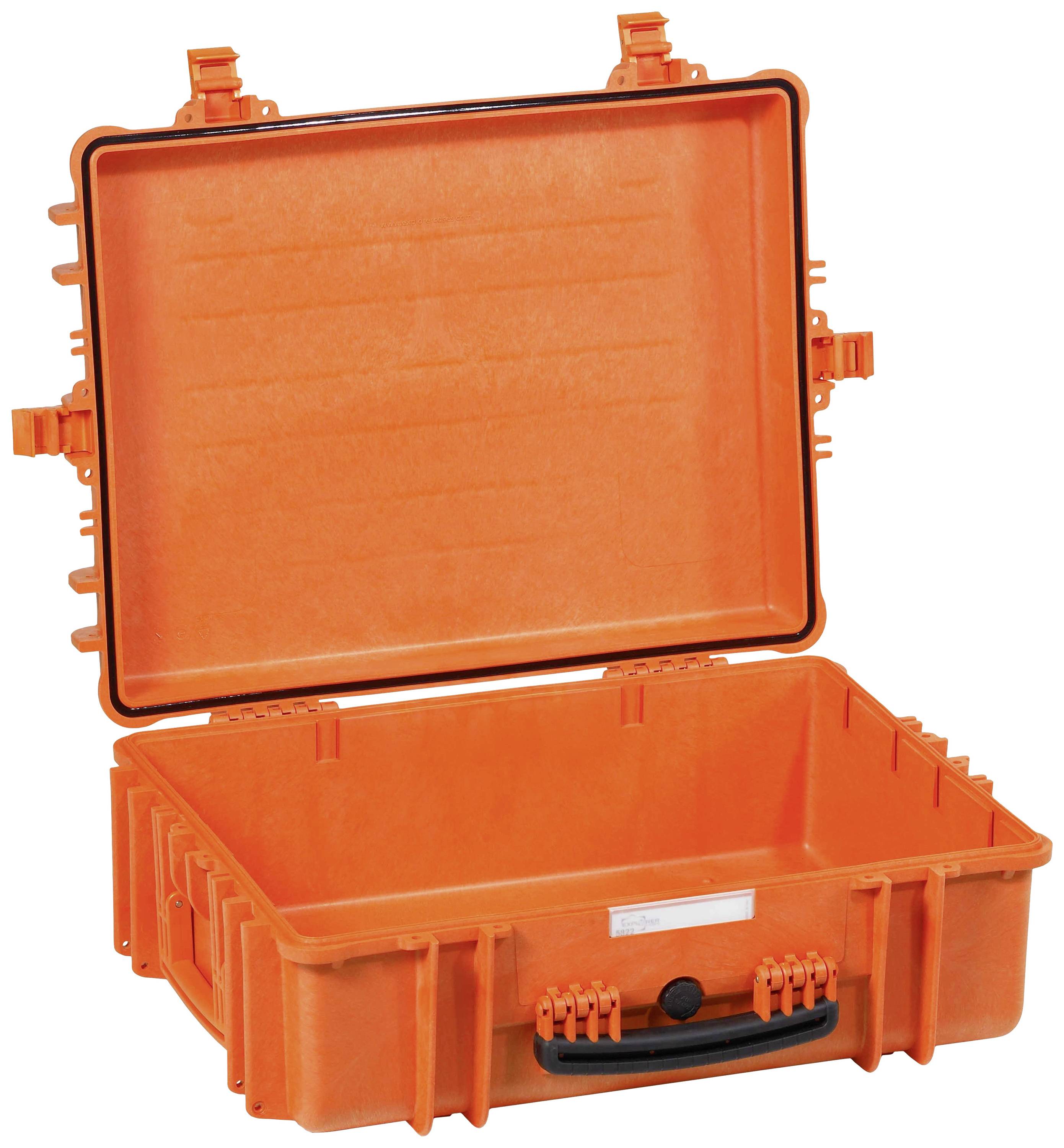 Open orange protective case with foam-padded lid, suitable for the safe transportation of delicate equipment.