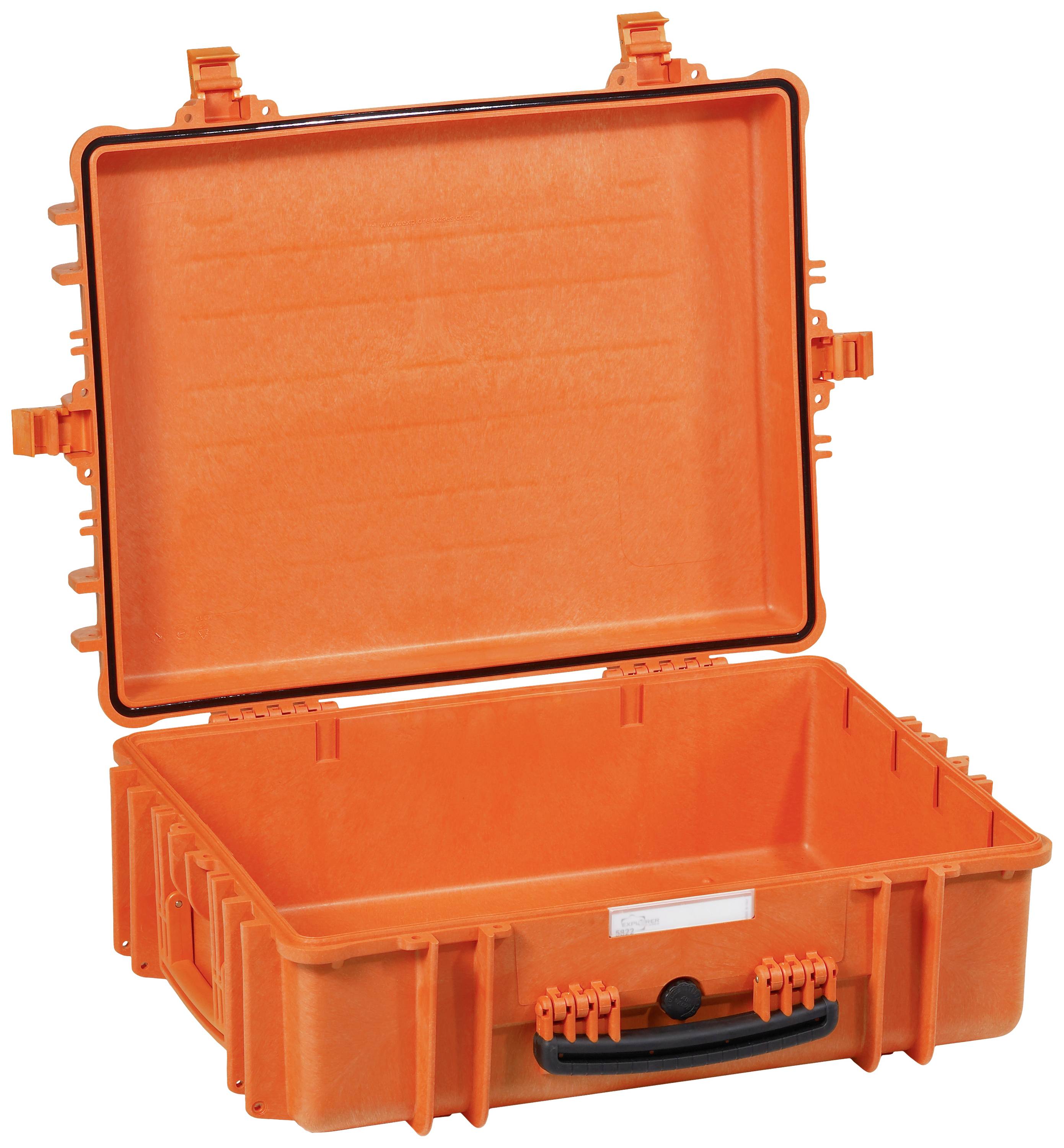 Orange, robust plastic protective case with an open lid, suitable for transporting delicate equipment.